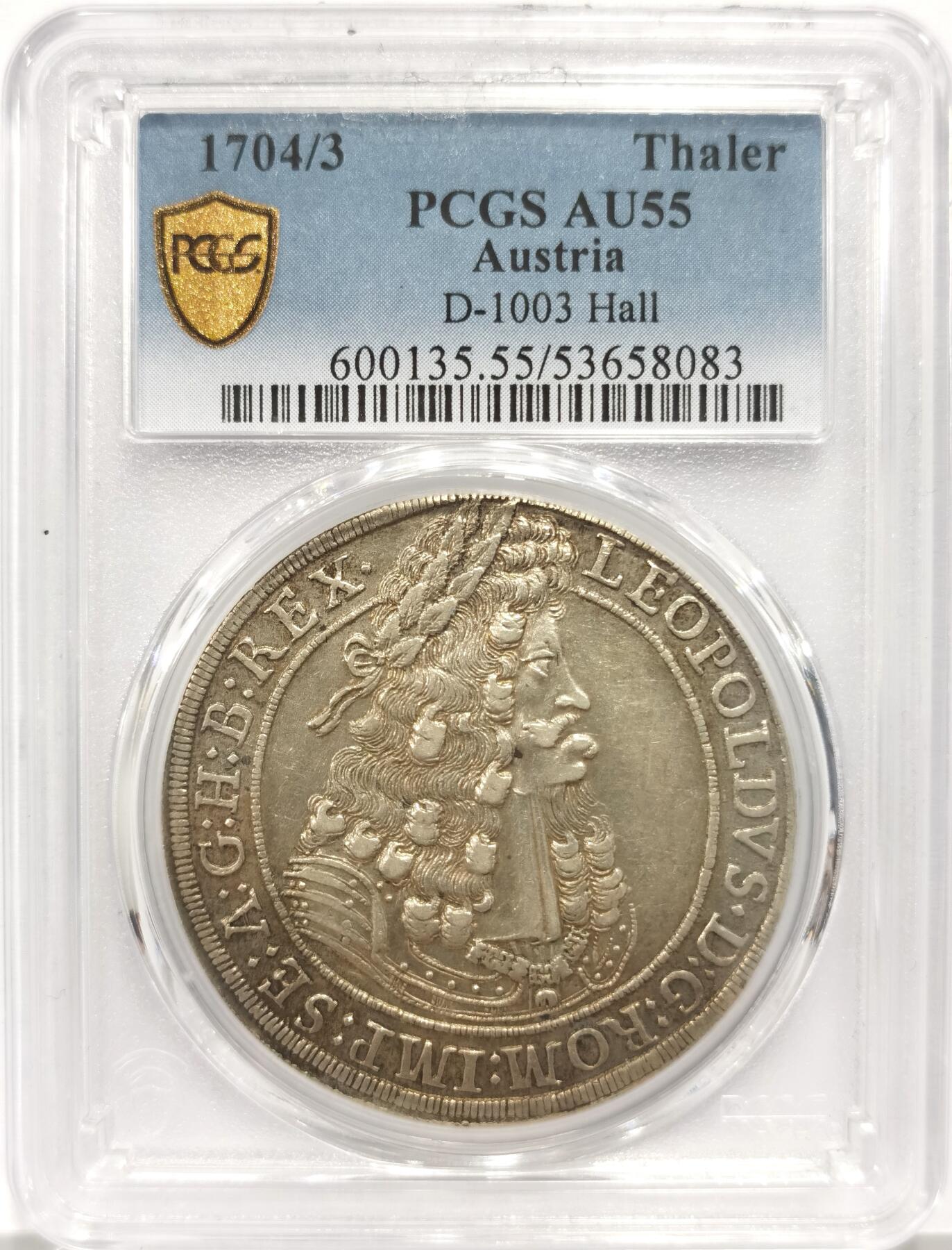 博洋堂世界钱币拍卖第149期（全场包邮） PCGS AU55 神圣罗马帝国哈布斯堡王朝1704/3年利奥波德一世猪嘴泰勒大银币，打制深峻，少见骑字年