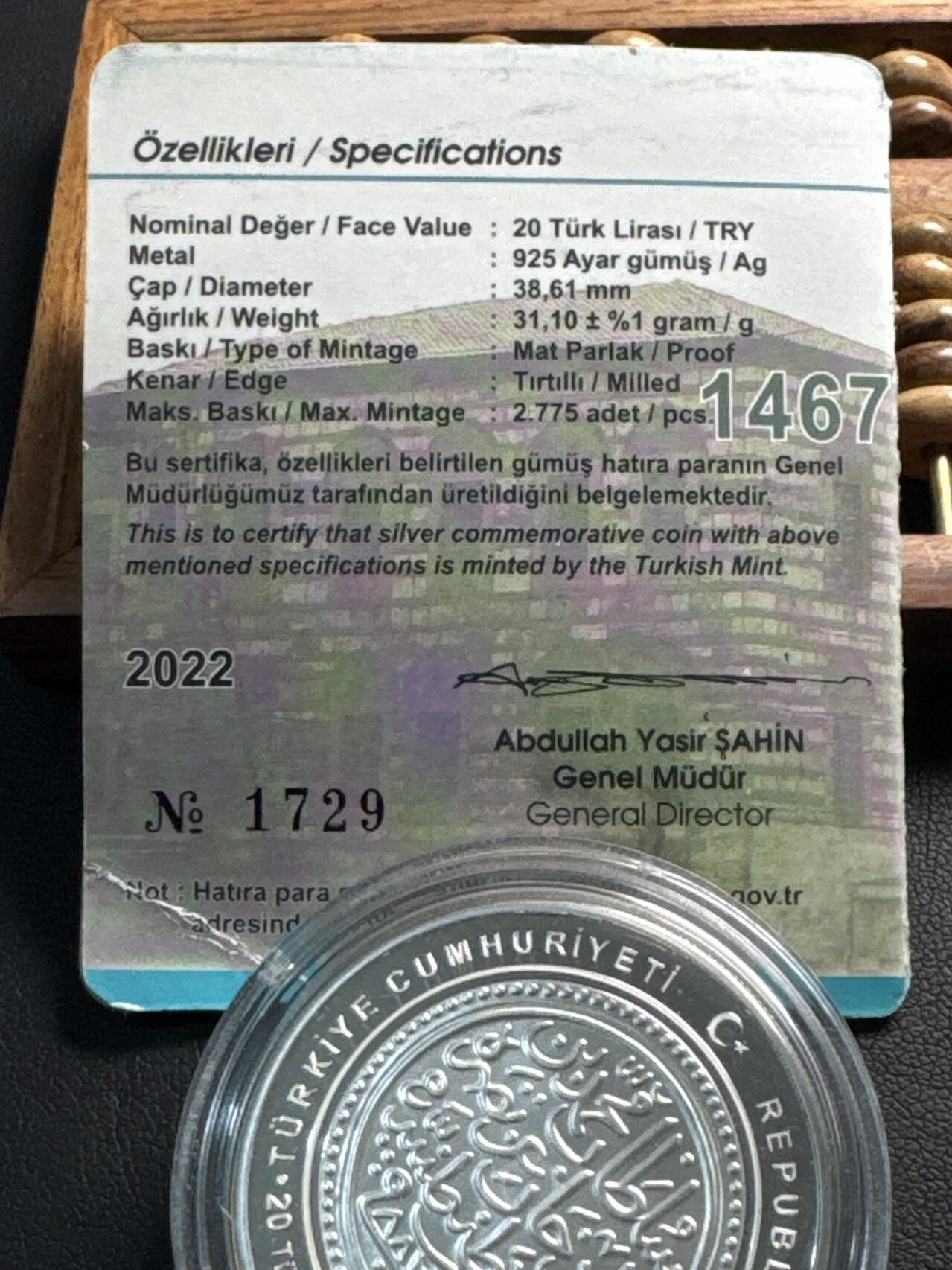 ❤️【币观天下】❤️ 第332期钱币拍卖- 2025.11.28周五晚上6点半场-长期征集拍品 土耳其2022年土耳其造币厂成立555周年精制纪念银币发行量2775枚 31.1克带证书