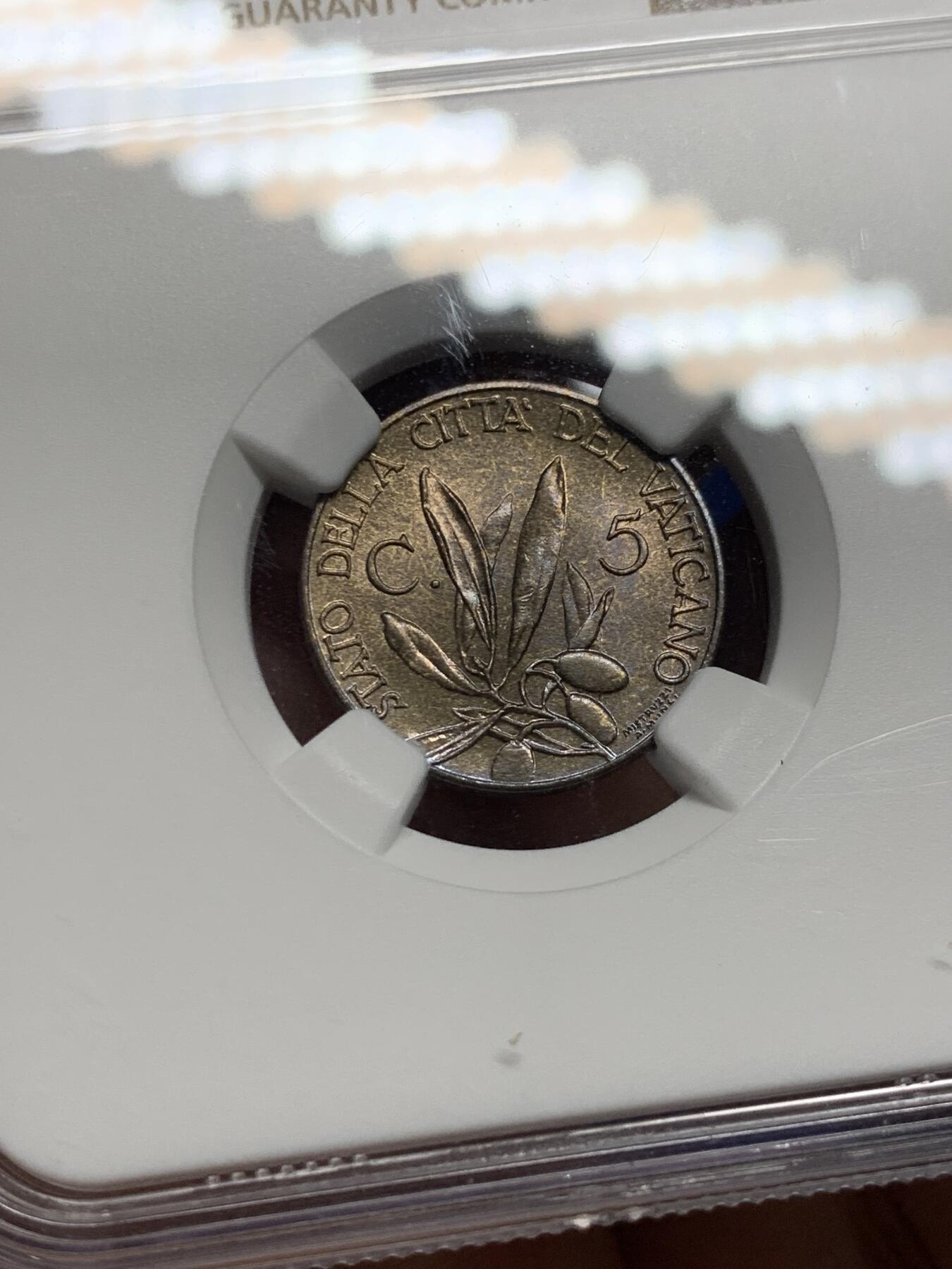 《竞宝斋》第442场 周日，周一，2场连拍 （全场包邮） NGC MS64 梵蒂冈 1939 教皇国 5分