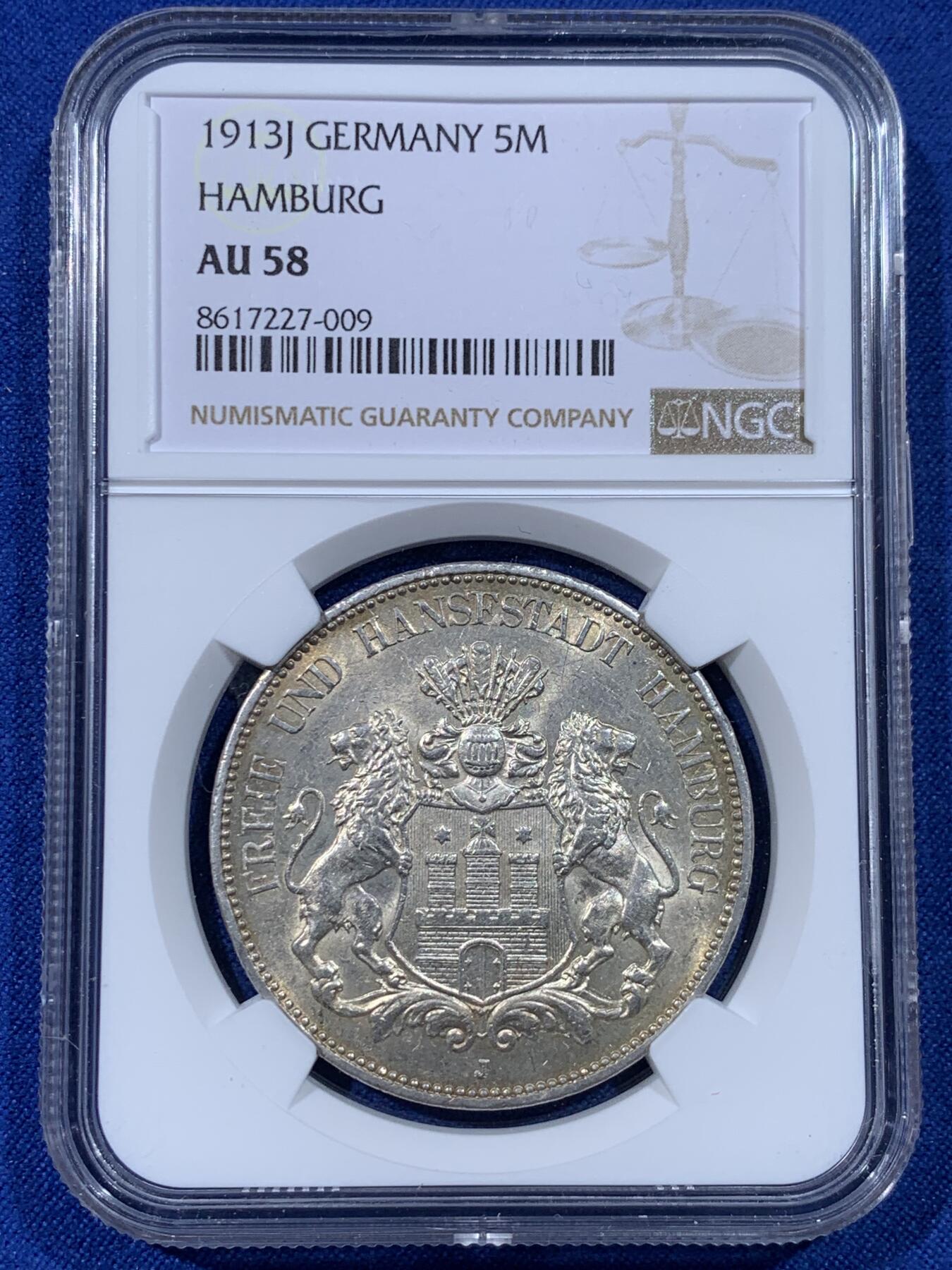 《竞宝斋》第442场 周日，周一，2场连拍 （全场包邮） NGC AU58 德国 汉堡  1913 双狮 5马克 品相不错 疑似低评