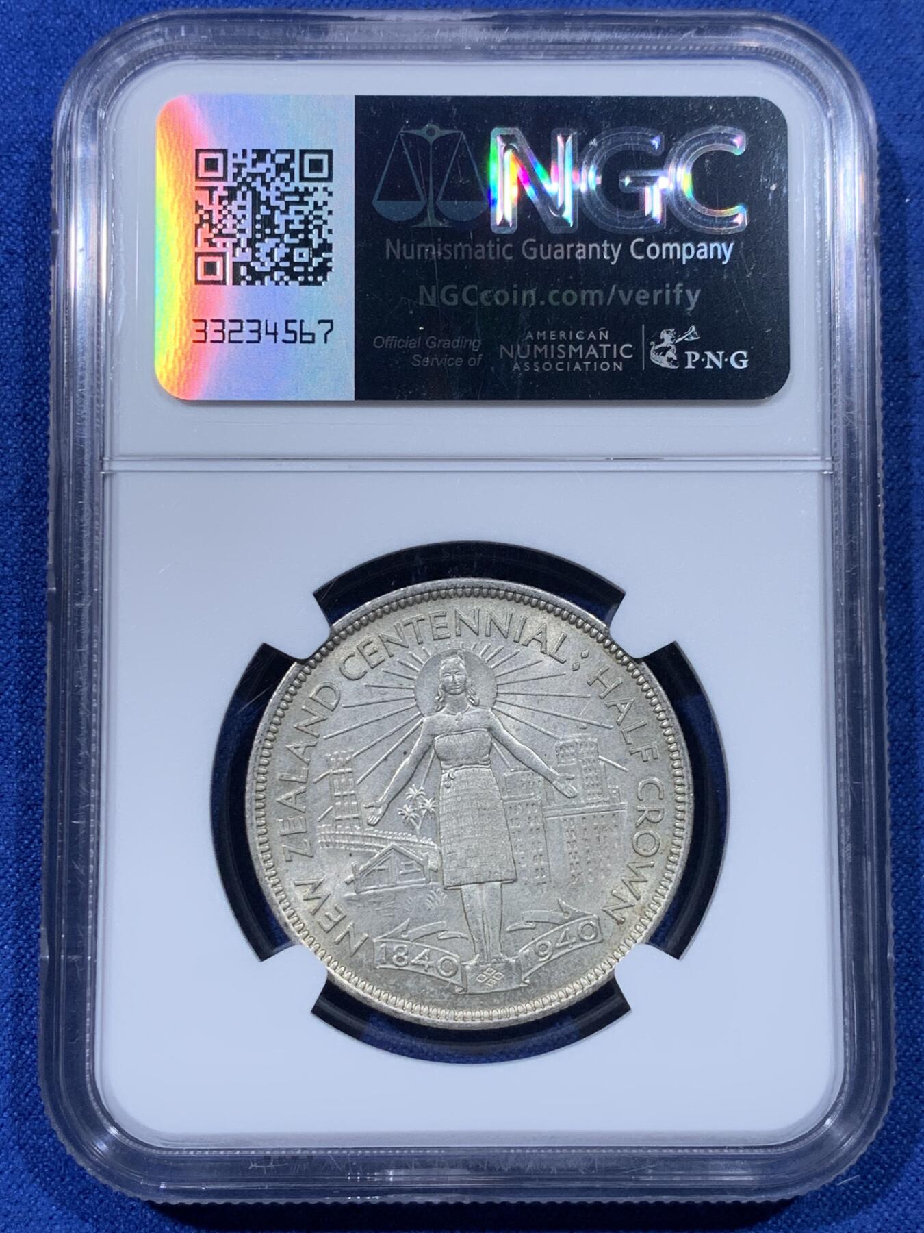 《竞宝斋》第442场 周日，周一，2场连拍 （全场包邮） NGC MS62 新西兰1940年百年纪念半克朗银币，少见品种