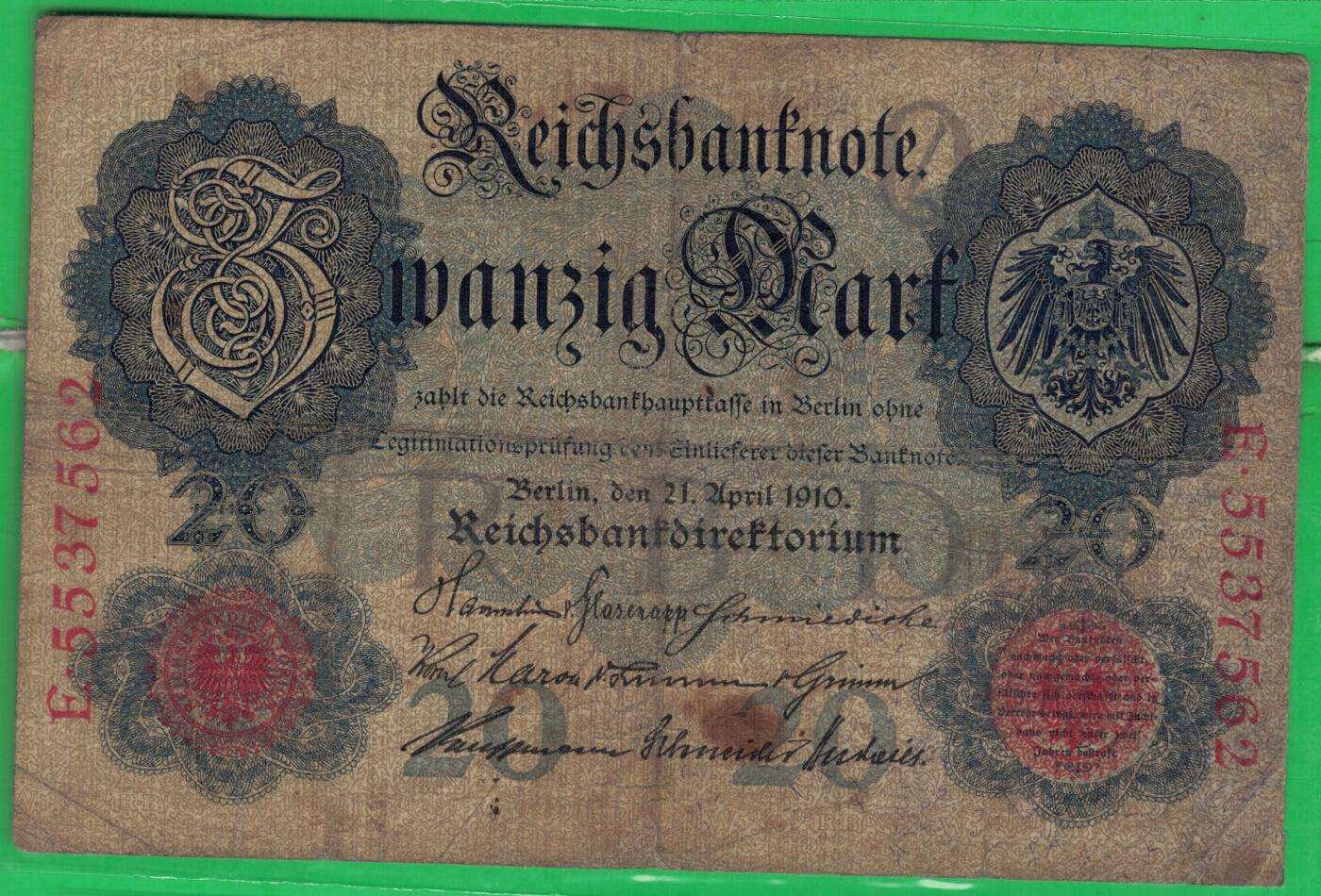 德国1910年20马克 P-40b 无水印 加盖字母Q 7位号 无4 实物图