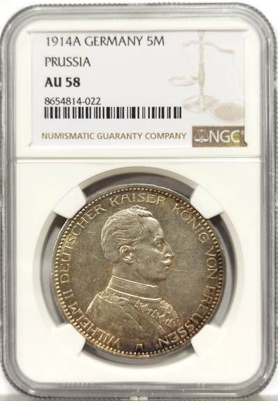 博洋堂世界钱币拍卖第149期（全场包邮） - NGC AU58 德国普鲁士1914年威廉二世军装5马克银币