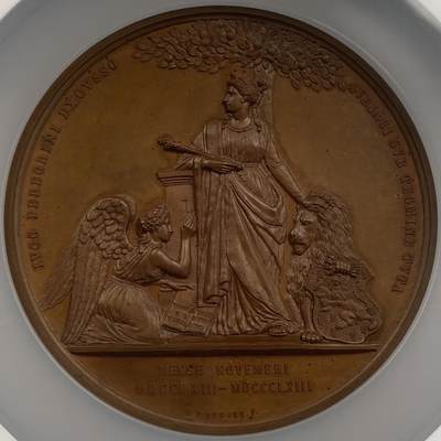 掌中浮雕-藏着的欧洲第043场 - NGC MS64 ：1863年荷兰独立50周年铜章，Menger雕刻，73mm，背面是荷兰独立后的三代国王威廉一世，威廉二世，威廉三世