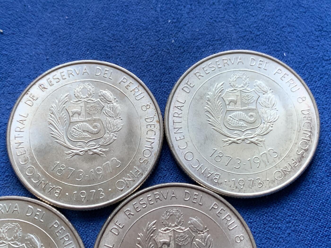 《竞宝斋》第442场 周日，周一，2场连拍 （全场包邮） 四枚一组 秘鲁1973年日本秘鲁贸易百年100索尔纪念银币