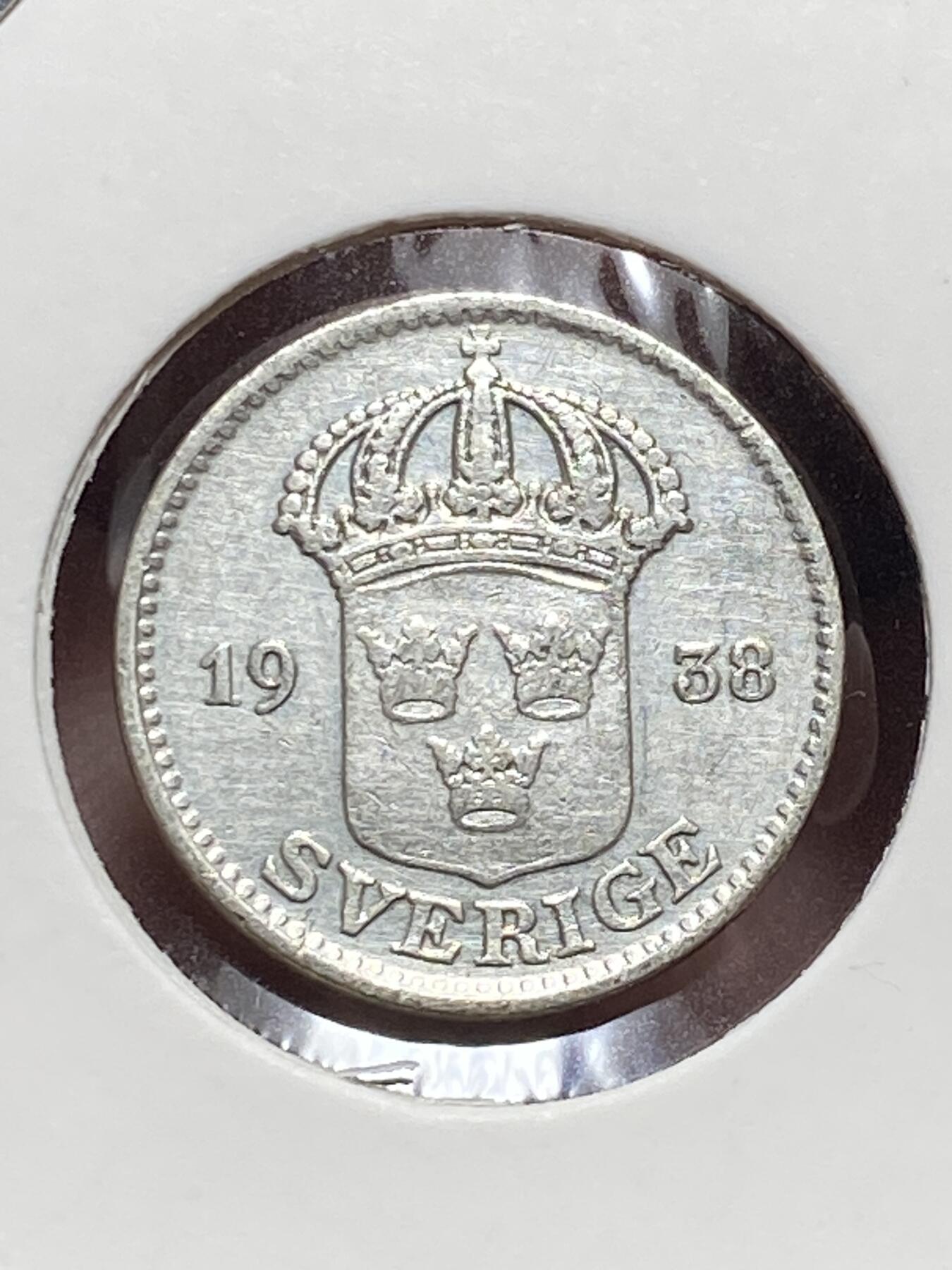 2025年第一百三十二场(总第一百五十八场）外国好品纸夹散币场(免佣金) 瑞典🇸🇪1938年25欧尔银币(古斯塔夫五世第一版，G标，600银)