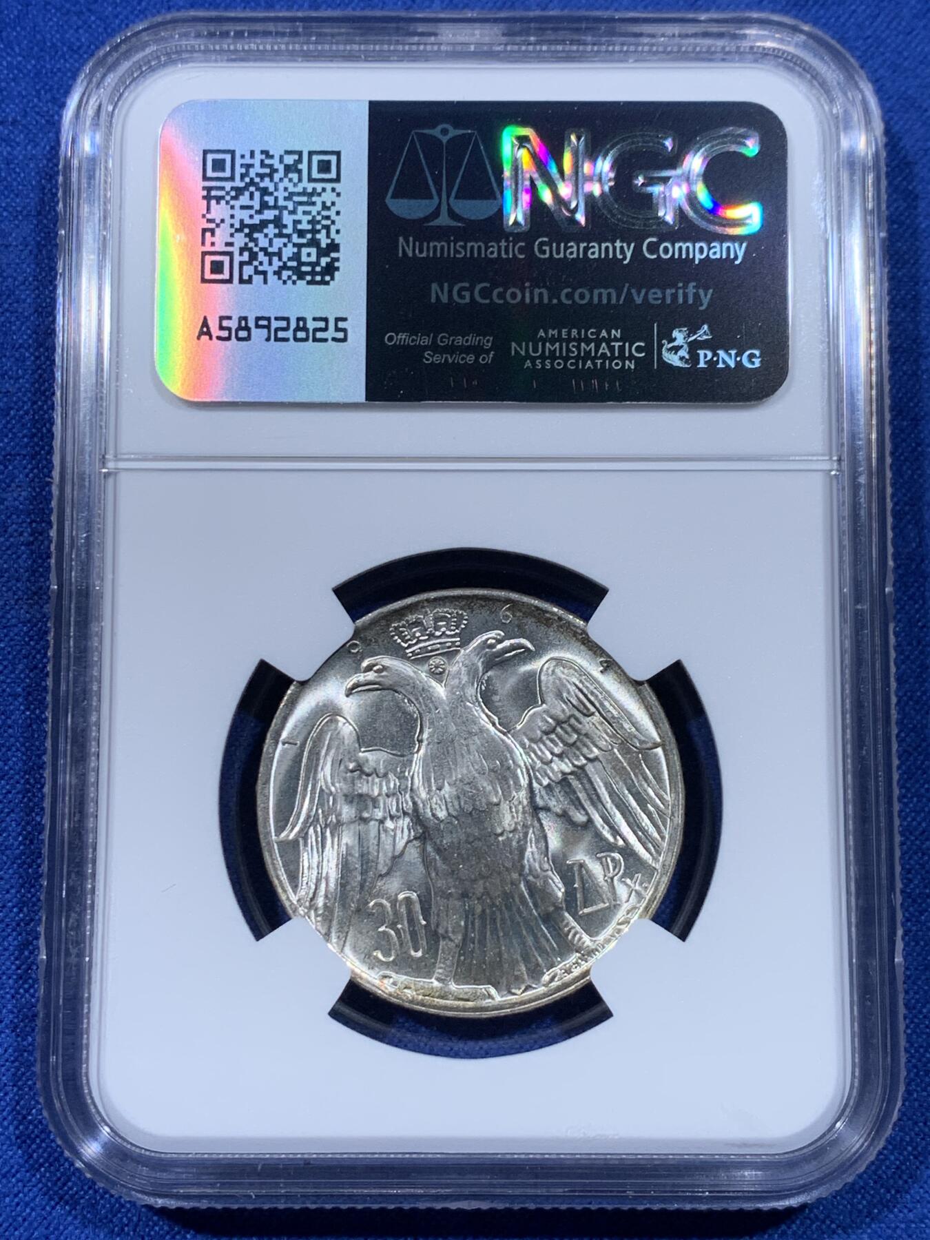 《竞宝斋》第442场 周日，周一，2场连拍 （全场包邮） NGC MS66 希腊1964年皇室婚礼30德拉克马纪念银币 高分难得！