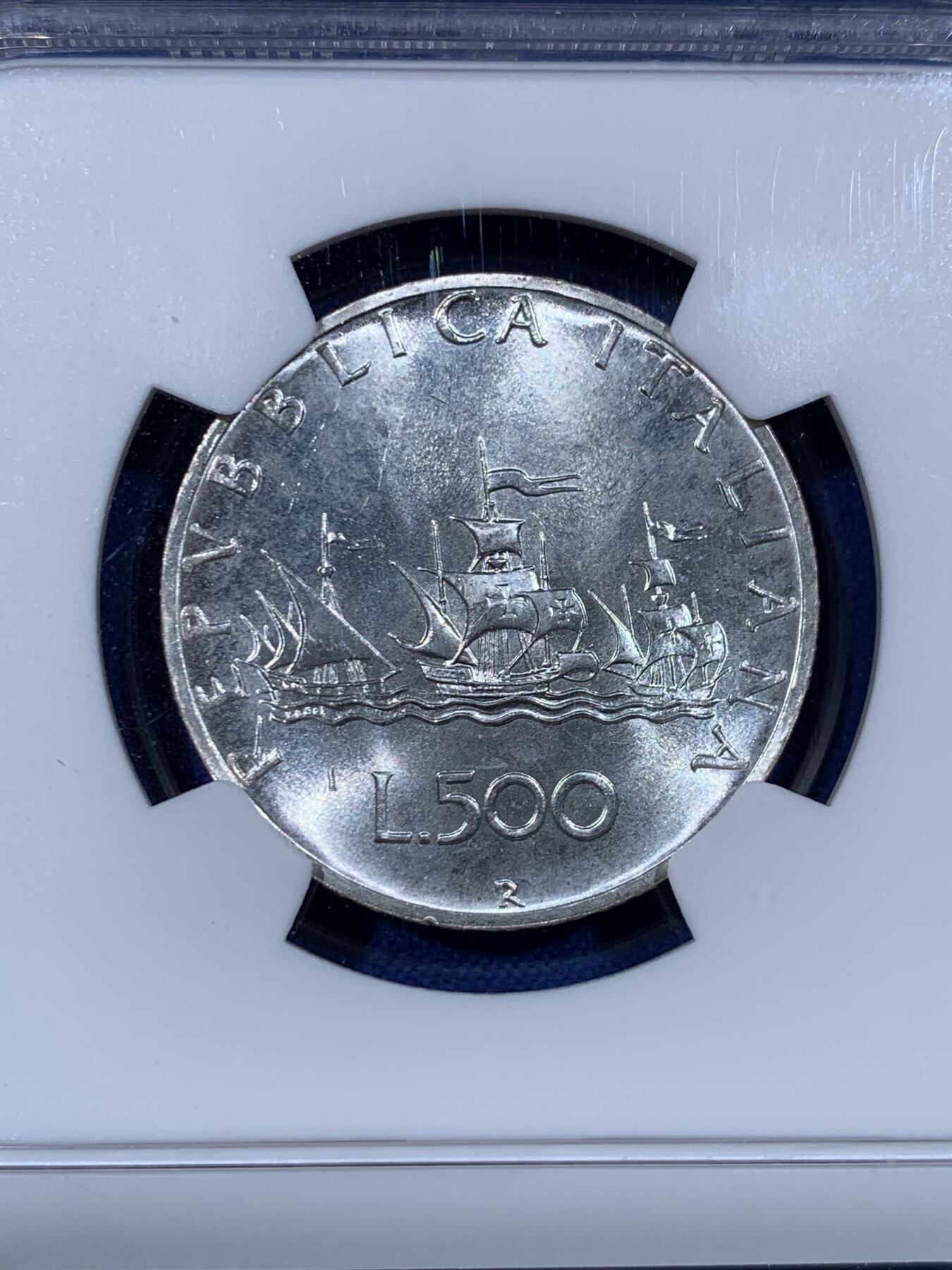 《竞宝斋》第442场 周日，周一，2场连拍 （全场包邮） NGC MS66 意大利1980年500里拉高分帆船少女银币