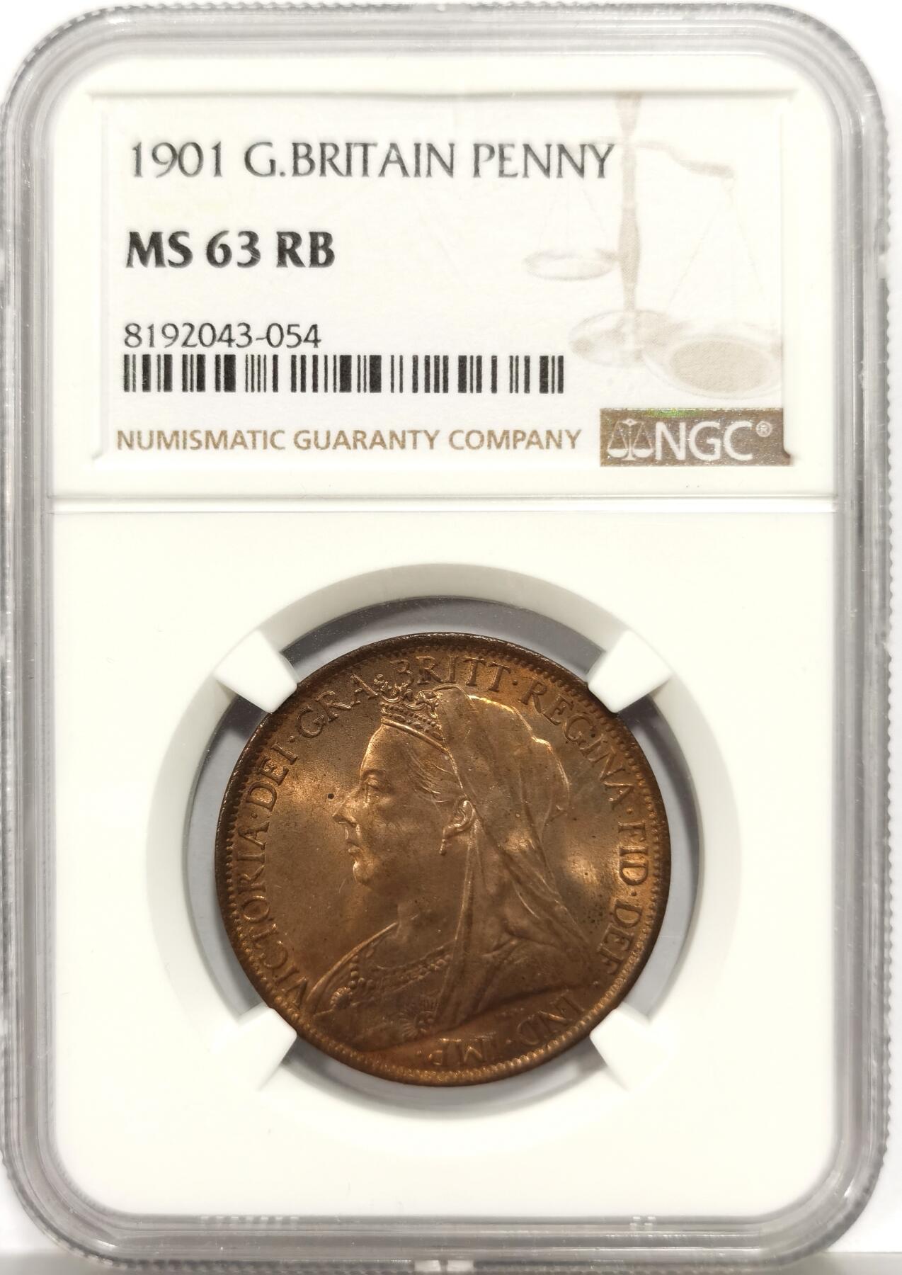 博洋堂世界钱币拍卖第149期（全场包邮） NGC MS63RB 英国1901年维多利亚披纱1便士 原色铜光