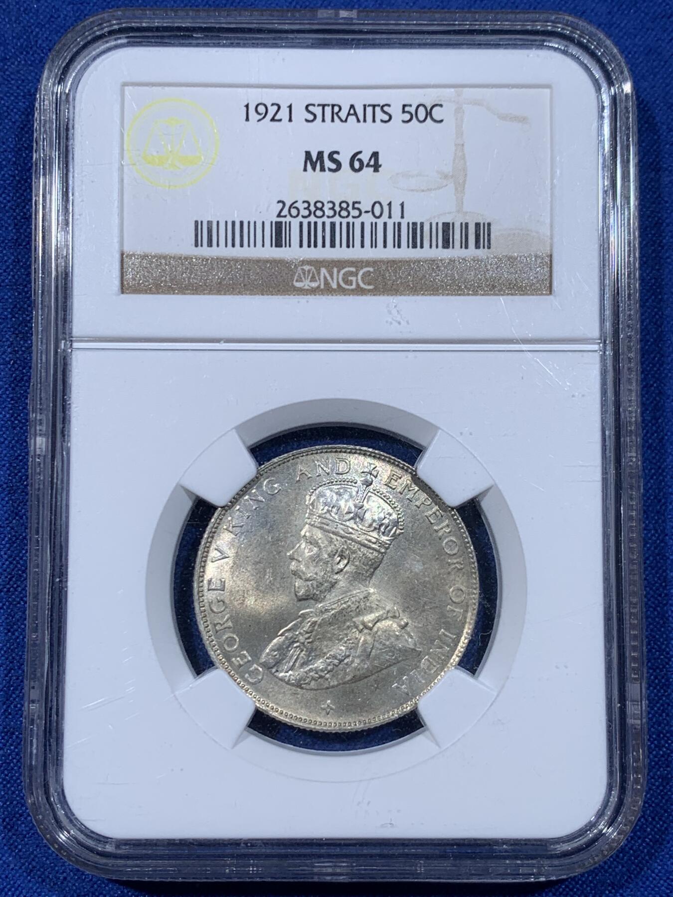 《竞宝斋》第442场 周日，周一，2场连拍 （全场包邮） NGC MS64 英属海峡1921年乔治五世50分半圆银币，BU原光近出厂状态，底板丝滑。收藏级品质，老N盒严评加持