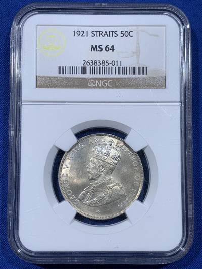 《竞宝斋》第442场 周日，周一，2场连拍 （全场包邮） - NGC MS64 英属海峡1921年乔治五世50分半圆银币，BU原光近出厂状态，底板丝滑。收藏级品质，老N盒严评加持