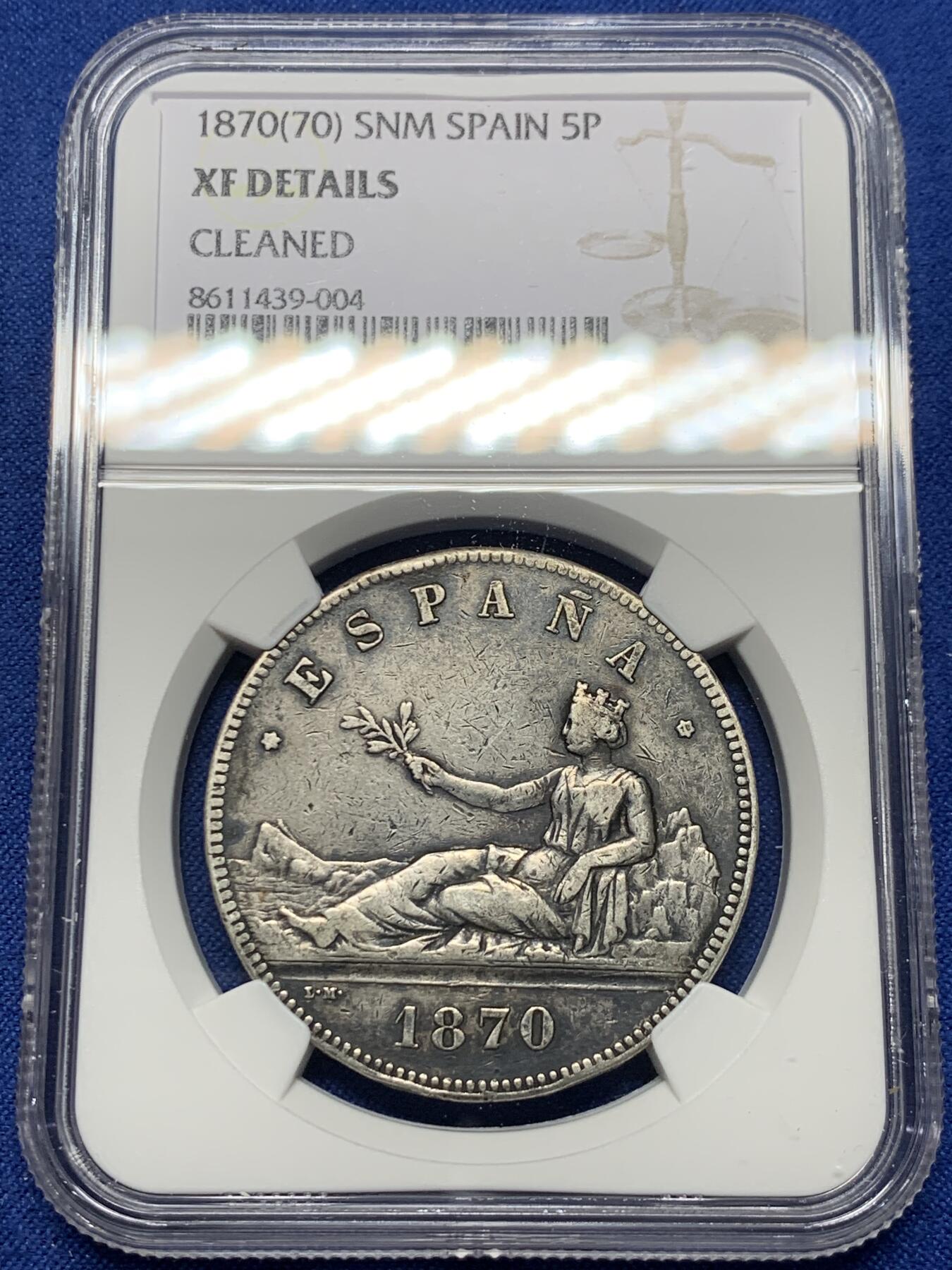 《竞宝斋》第442场 周日，周一，2场连拍 （全场包邮） NGC XFD 西班牙1870年拿花双柱5比塞塔银币 带包浆 流通好味道