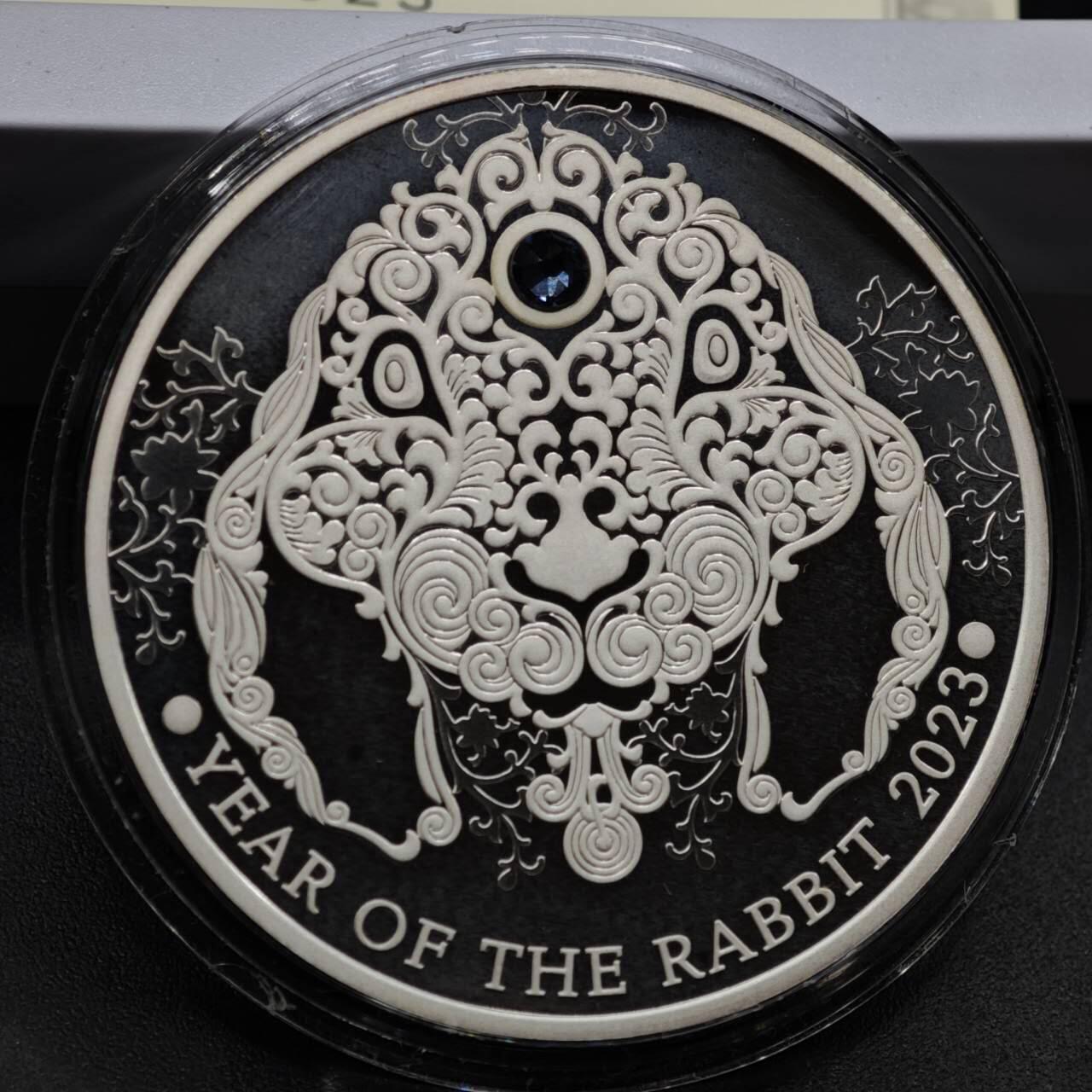 【淘币小摊】实时拍第八百零八拍   银币套币场   满百包邮可预留二周 每周一统一发货   2023年加纳2塞地镶水晶精制银币 农历系列-兔年 1/2盎司999银 发行量：1千 盒证全（非原盒）