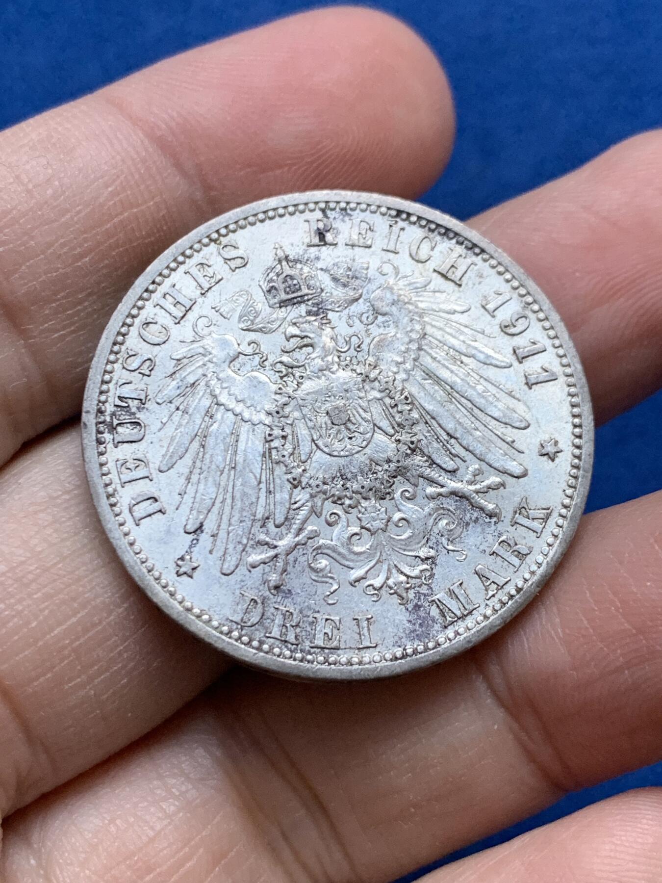 《竞宝斋》第442场 周日，周一，2场连拍 （全场包邮） 德国 1911年 普鲁士威廉二世3马克银币 带转光