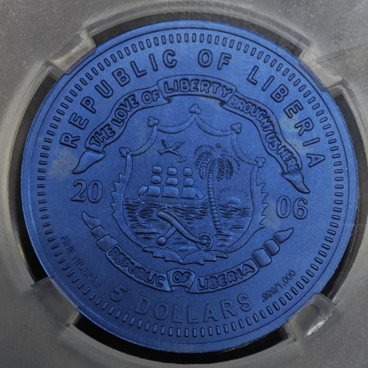 【淘币小摊】实时拍第八百零八拍   银币套币场   满百包邮可预留二周 每周一统一发货   2006年利比里亚5元蓝色部分镀金铌币 欧元发行10周年-匈牙利 7.78克999铌 发行量：1万 TQG  MS67