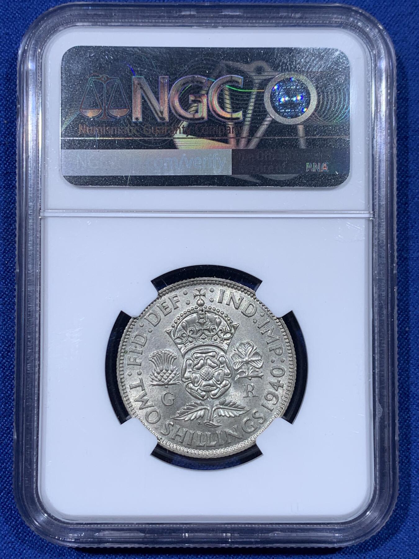 《竞宝斋》第442场 周日，周一，2场连拍 （全场包邮） NGC MS62 英国1940年乔治六世2S银币