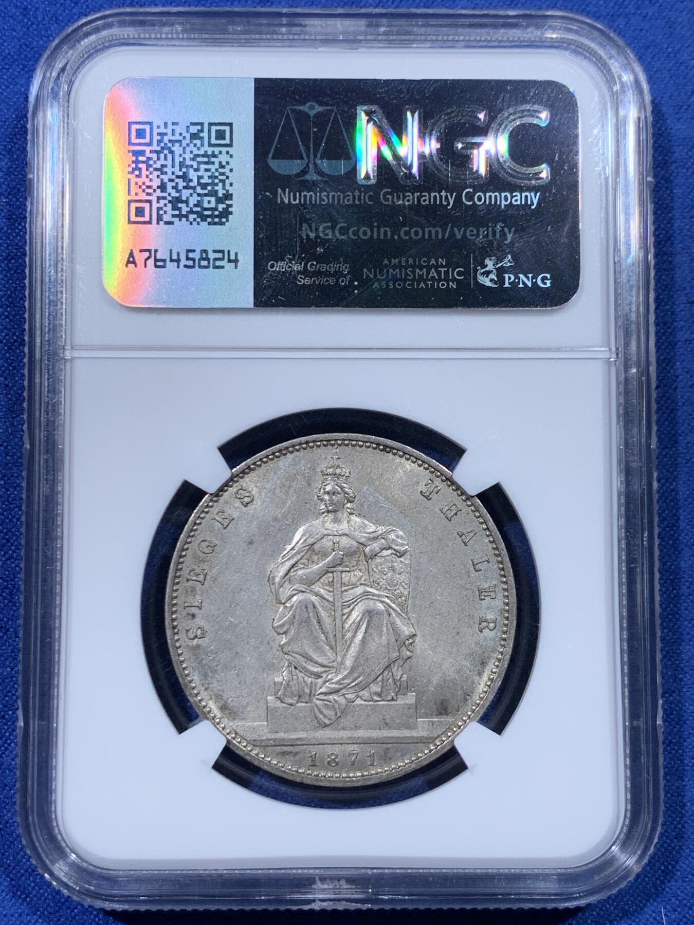 《竞宝斋》第442场 周日，周一，2场连拍 （全场包邮） NGC MS62 德国 普鲁士 1871 威廉一世 胜利泰勒 胜利泰勒必入品种，女武神面容清晰。