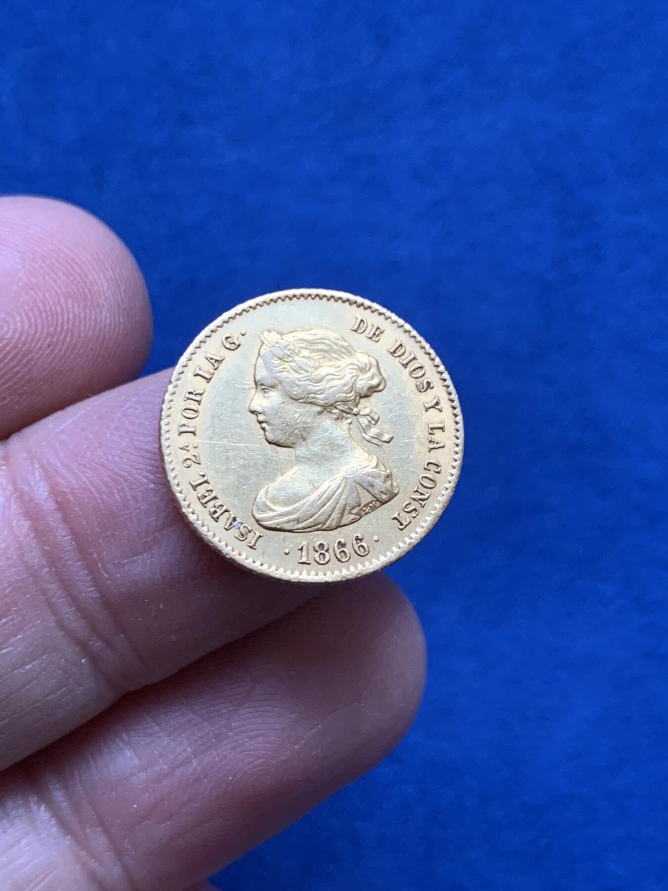 《竞宝斋》第442场 周日，周一，2场连拍 （全场包邮） 西班牙1866年伊莎贝拉二世4E金币 18mm 3.38g 875金