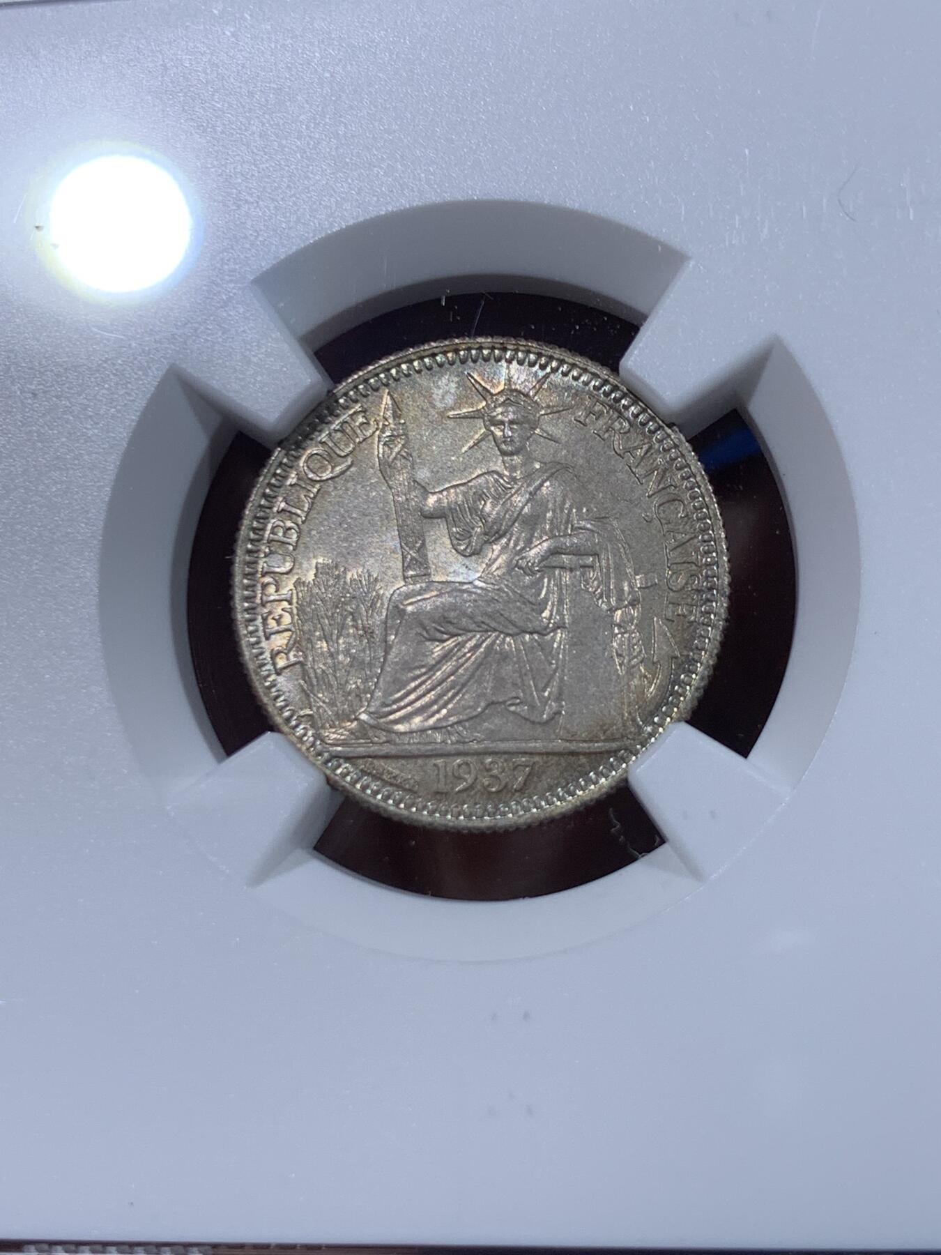 《竞宝斋》第442场 周日，周一，2场连拍 （全场包邮） NGC MS64 法属印度支那 1937年 10分 坐洋银币 原味包浆 稀缺小面额 品相好