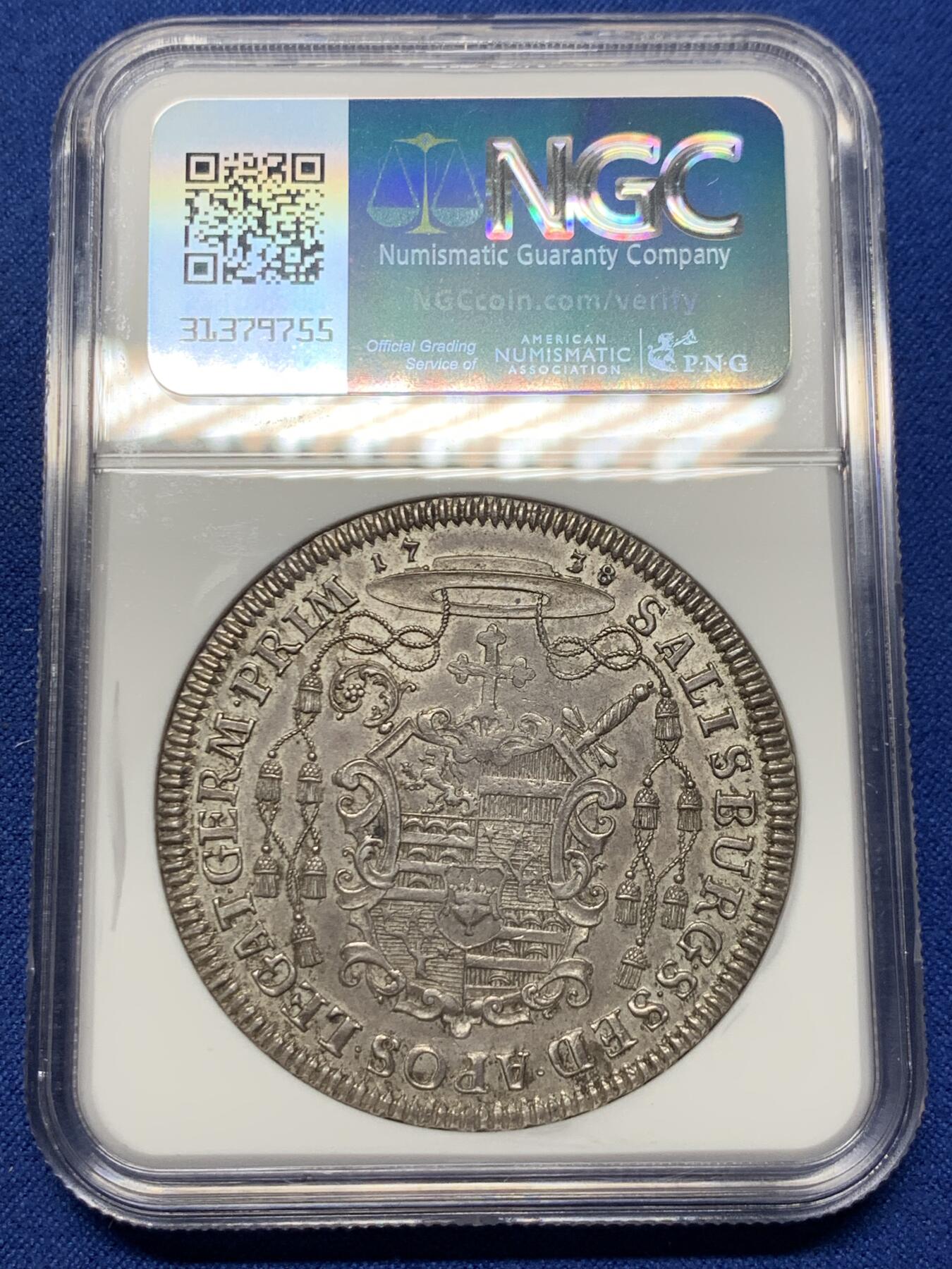 《竞宝斋》第442场 周日，周一，2场连拍 （全场包邮） 冠军分 NGC MS62 神圣罗马帝国 1738年 萨尔茨堡 菲尔米安亲王大主教 泰勒大银币 稀有品种