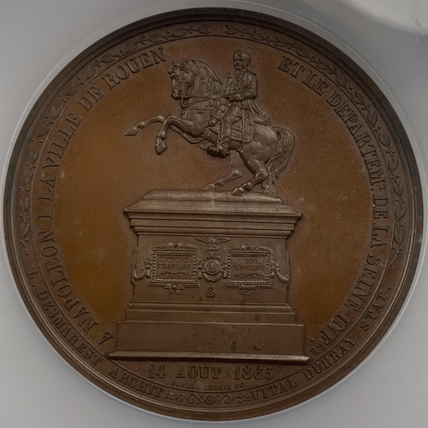 掌中浮雕-藏着的欧洲第043场 NGC MS65 : 1865年拿破仑一世骑马雕像在鲁昂落成铜章，63mm，DUBOIS Alphée雕刻，原铸，该雕像是雕塑家加布里埃尔·维塔尔·杜布雷的作品