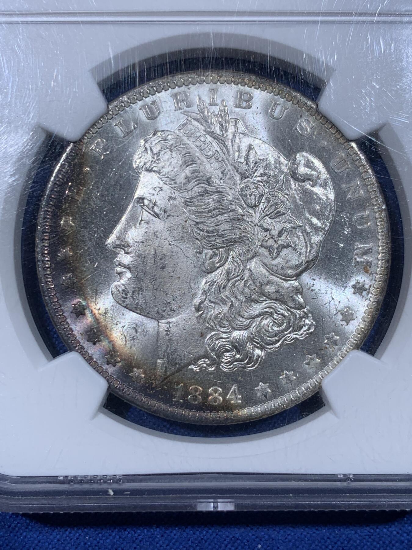 《竞宝斋》第442场 周日，周一，2场连拍 （全场包邮） NGC MS64 美国1884年摩根银币O厂 双面五彩月牙