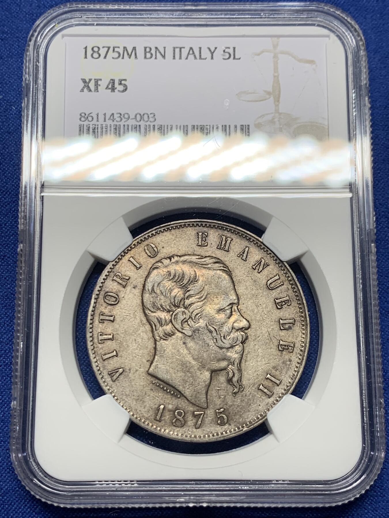 《竞宝斋》第442场 周日，周一，2场连拍 （全场包邮） NGC XF45 意大利1875年伊曼纽尔二世5里拉大银币 原味老包浆 带光带彩 AU状态低评