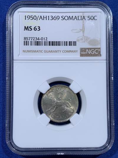 《竞宝斋》第442场 周日，周一，2场连拍 （全场包邮） - NGC MS63 意属索马里1950年花豹50分银币 包浆不错
