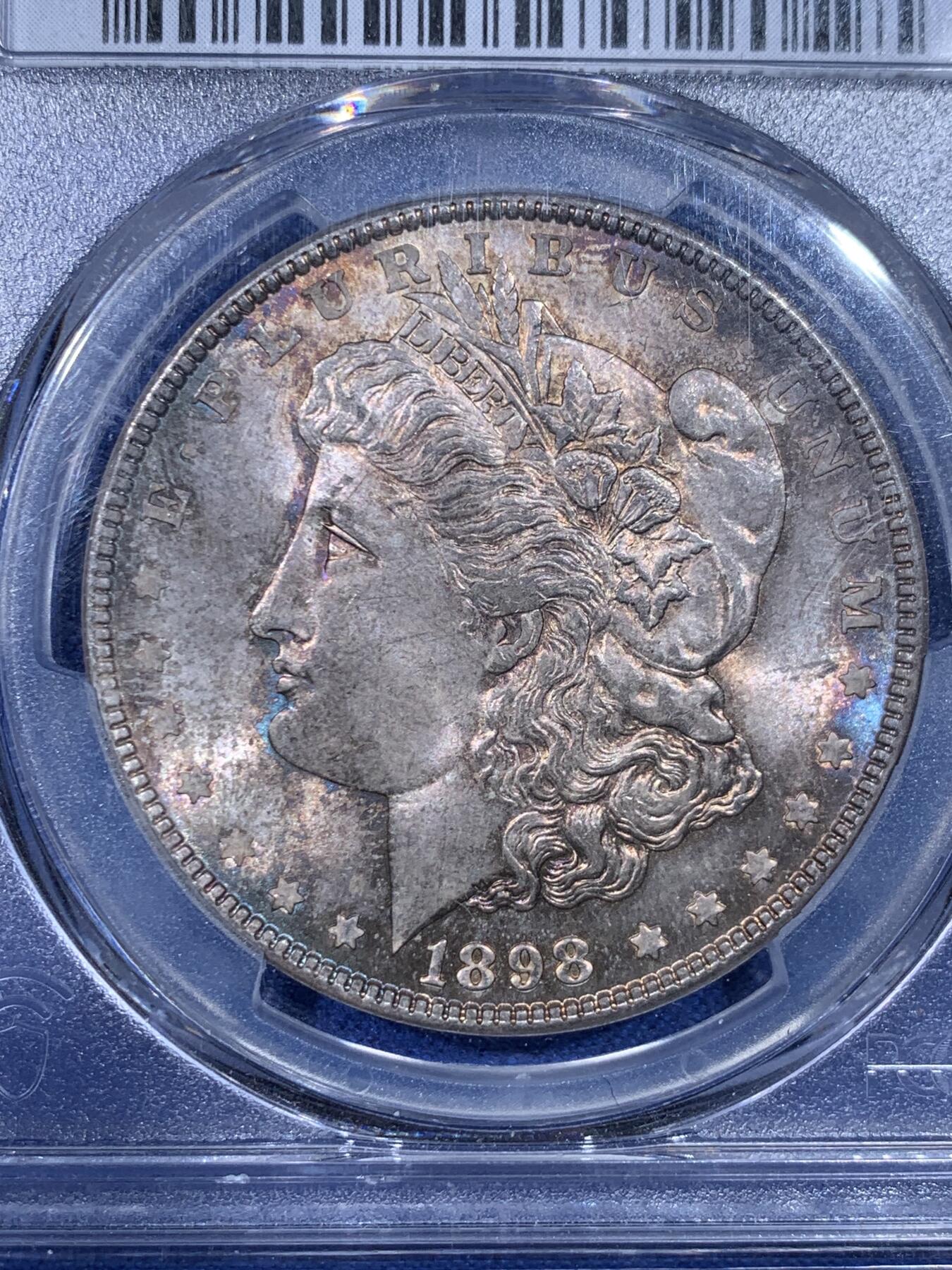《竞宝斋》第442场 周日，周一，2场连拍 （全场包邮） PCGS MS64 美国 1898年摩根银币 单面幻彩 市场上比较少见的年份