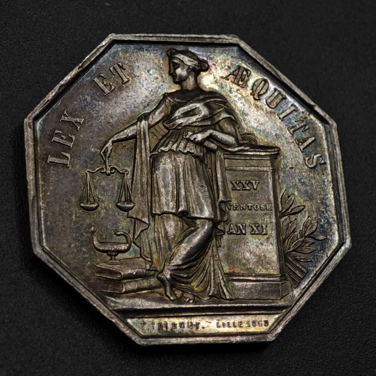 【淘币小摊】实时拍第八百零八拍   银币套币场   满百包邮可预留二周 每周一统一发货   法国里尔公证人八角银章 五彩包浆美品 蜜蜂边铭 重19.2克