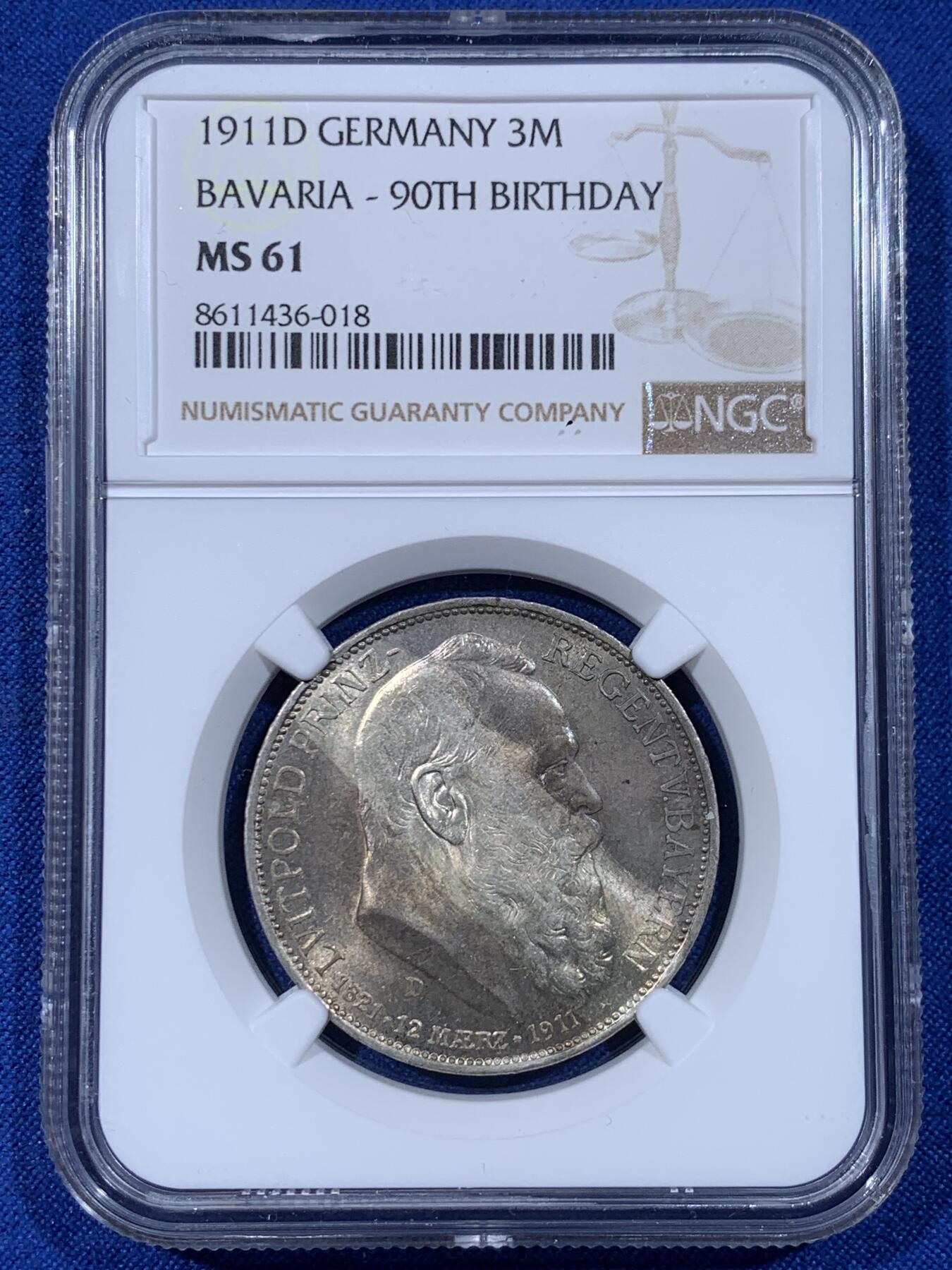 《竞宝斋》第442场 周日，周一，2场连拍 （全场包邮） NGC MS61 德国 1911年 巴伐利亚柳特波德3马克银币