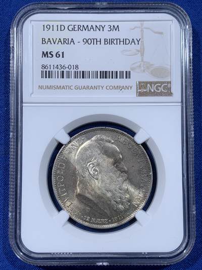 《竞宝斋》第442场 周日，周一，2场连拍 （全场包邮） - NGC MS61 德国 1911年 巴伐利亚柳特波德3马克银币