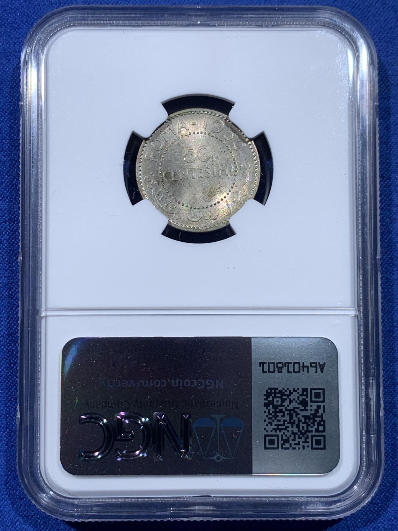 《竞宝斋》第442场 周日，周一，2场连拍 （全场包邮） NGC MS63 意属索马里1950年花豹50分银币 包浆不错