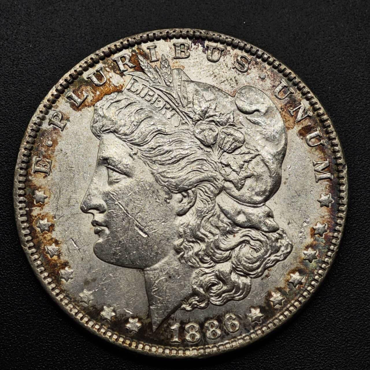 【淘币小摊】实时拍第八百零八拍   银币套币场   满百包邮可预留二周 每周一统一发货   美国1886年摩根银币双面环彩包浆