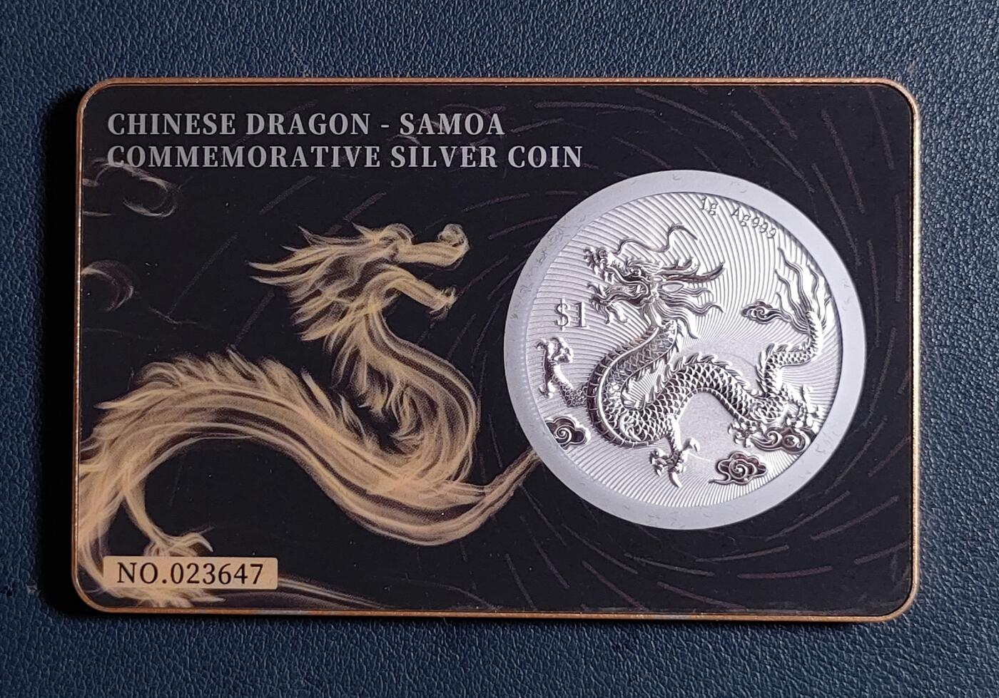 2025年萨摩亚1元中国龙／英王查尔斯三世纪念精制银币，国际版黑卡装帧版