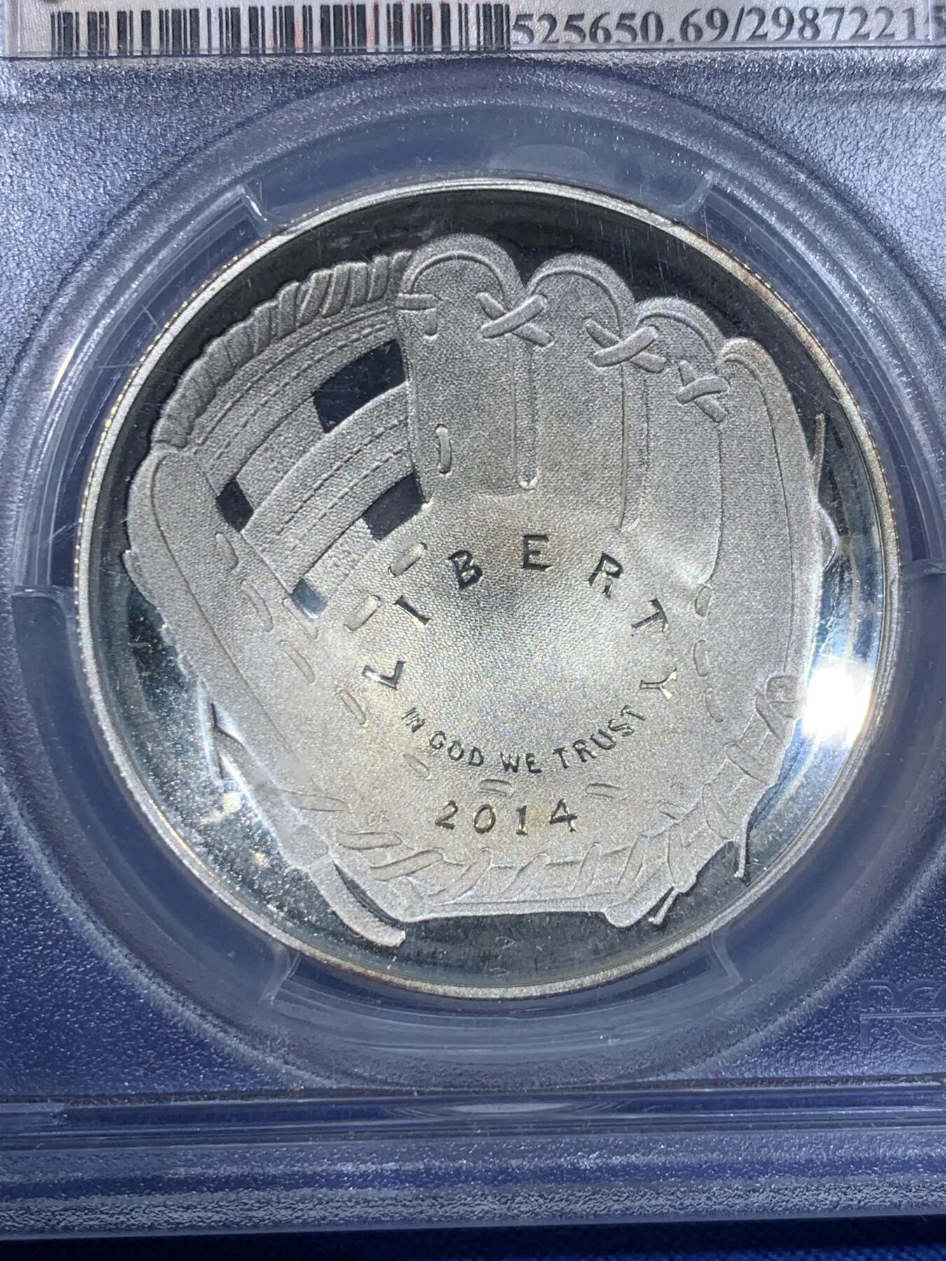 《竞宝斋》第442场 周日，周一，2场连拍 （全场包邮） PCGS PR69DCAM 美国2014年P版棒球名人堂1美元弧形大银币 加厚盒 细节见图