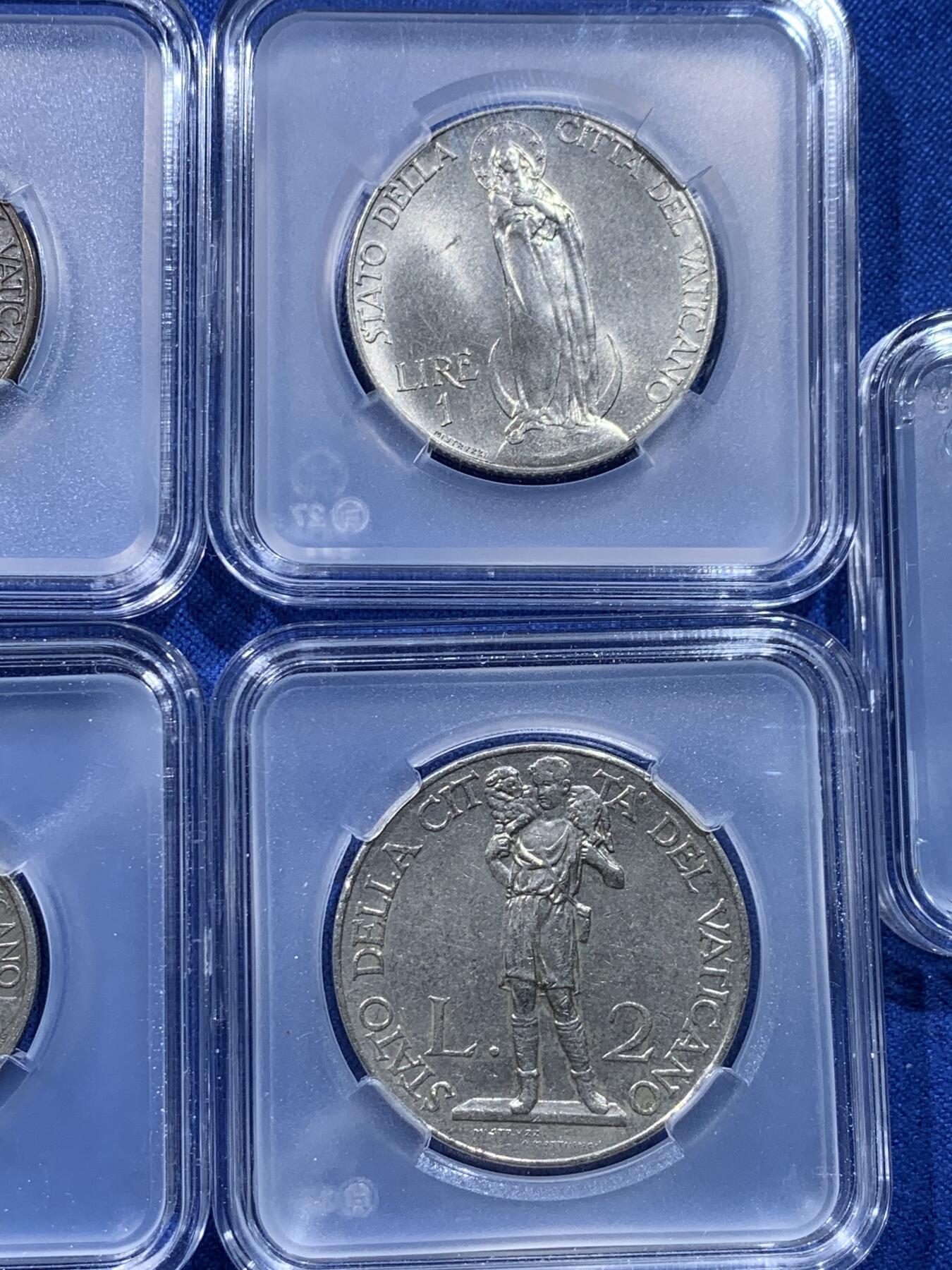 《竞宝斋》第442场 周日，周一，2场连拍 （全场包邮） 七枚一组 意大利梵蒂冈套装币，5里拉，2里拉，1里拉，50分，20分，10分，5分都是193X年，年份稍有不同状态都不错