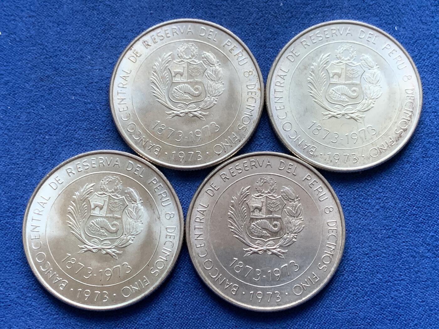 《竞宝斋》第442场 周日，周一，2场连拍 （全场包邮） 四枚一组 秘鲁1973年日本秘鲁贸易百年100索尔纪念银币
