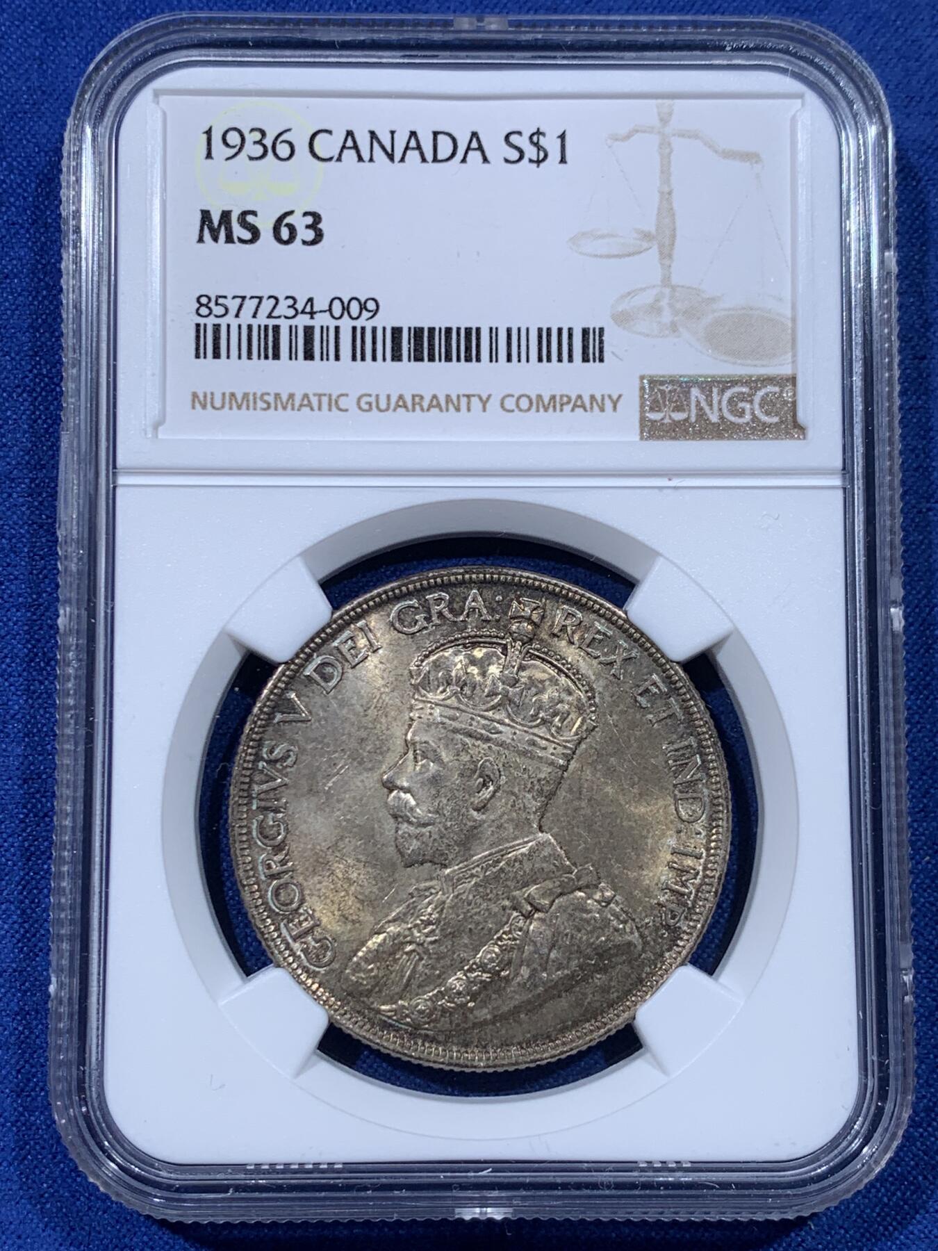 《竞宝斋》第442场 周日，周一，2场连拍 （全场包邮） NGC MS63 加拿大1936年乔五1元流通版银币 比35少