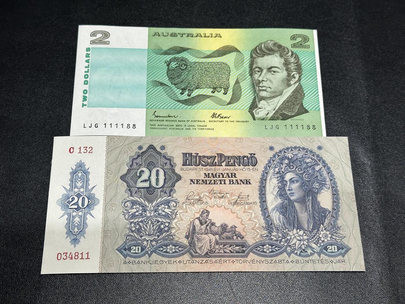 《外钞收藏家》第五百八十八期（优质场）（本平台长期征集拍品、欢迎藏友们联系合作） 澳大利亚2元 数二 狮子号1111头尾88 全新+1941年匈牙利全新不绝有轻微黄