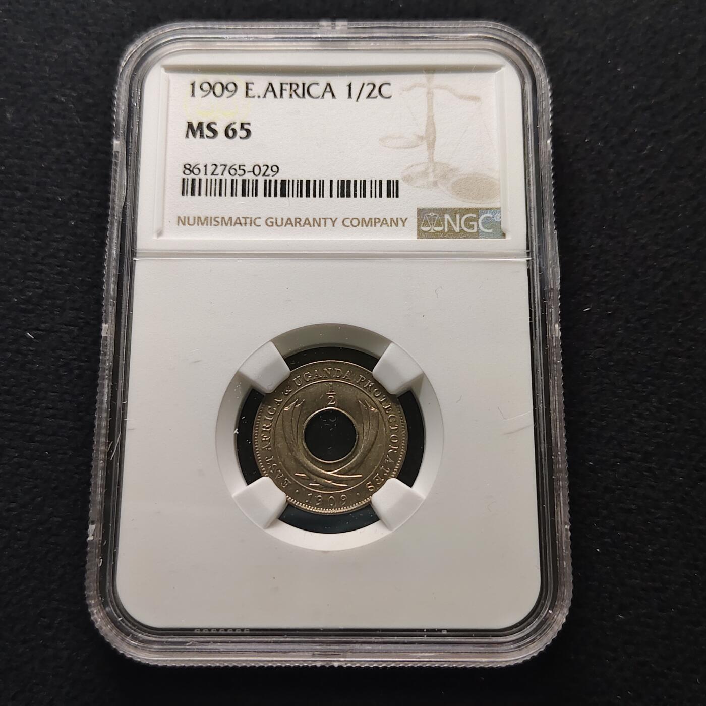 【全场包邮】纯粹捡漏拍481场（免费代拍第18场） 东非和乌干达保护地1909年爱德华七世1/2分-NGC MS65