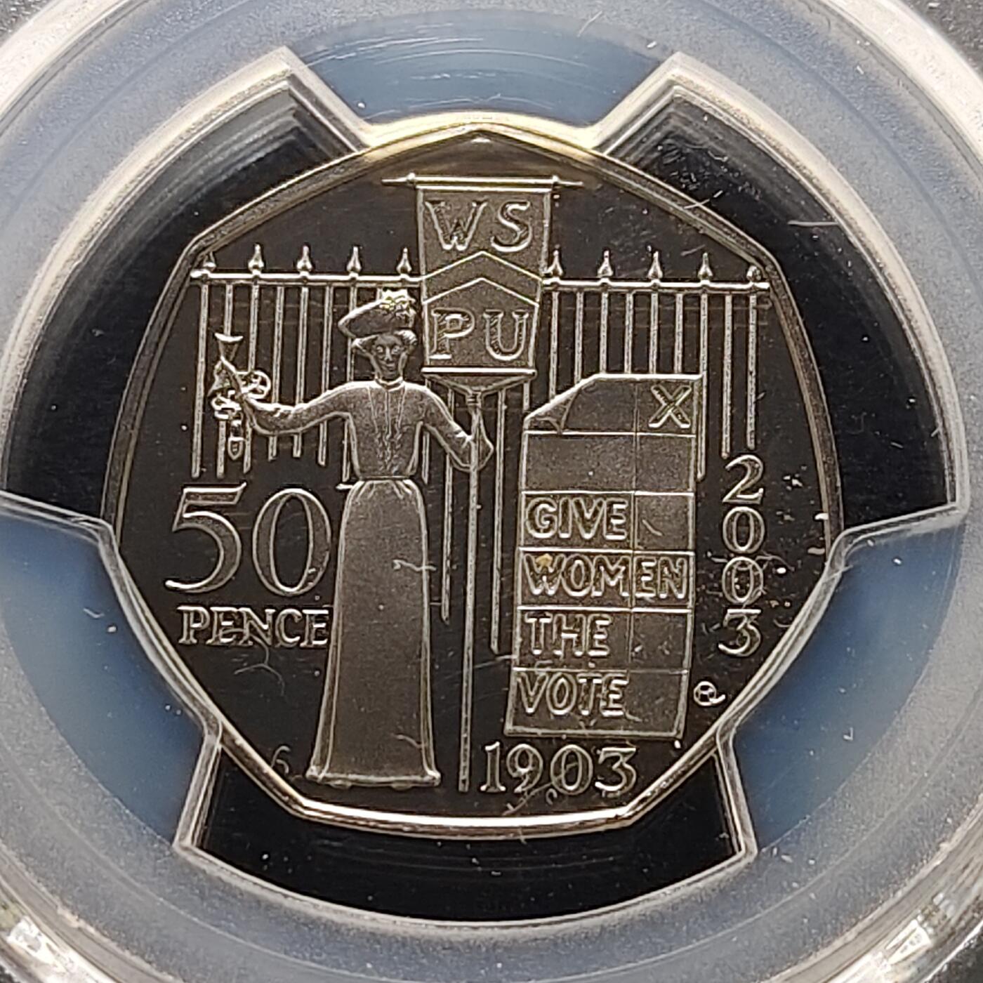 【全场包邮】纯粹捡漏拍481场（免费代拍第18场） 英国2003年50便士妇女社会和政治联盟精制纪念币-PCGS PR68 DCAM