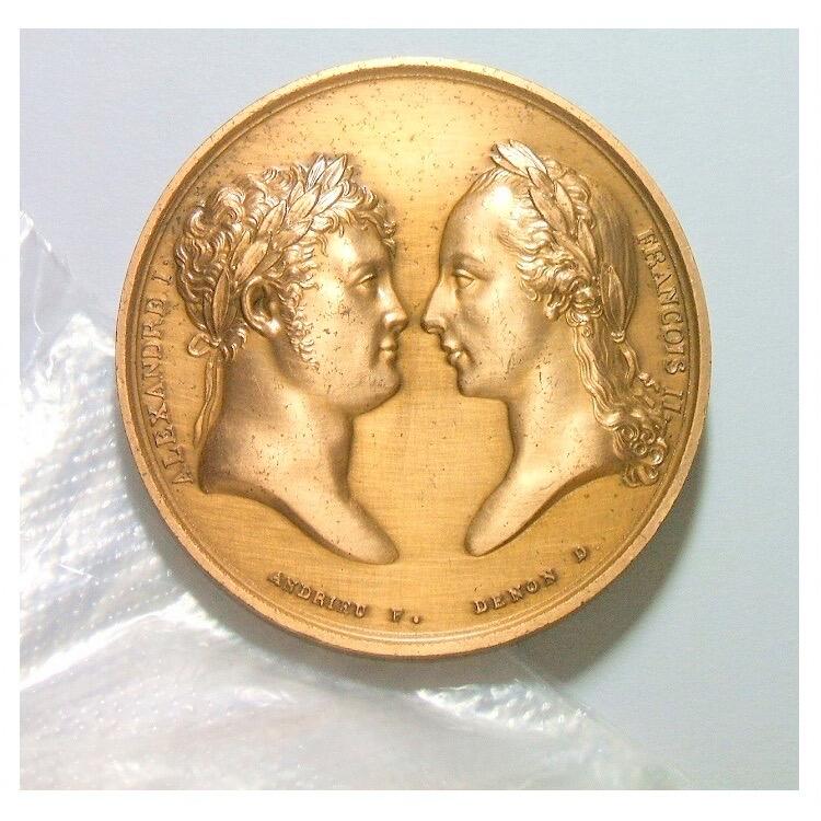 【艺术】法国艺术大章1805年 拿破仑金叶冠+亚历山大+弗朗茨 奥斯特里茨战役 高浮雕精制大铜章 40MM