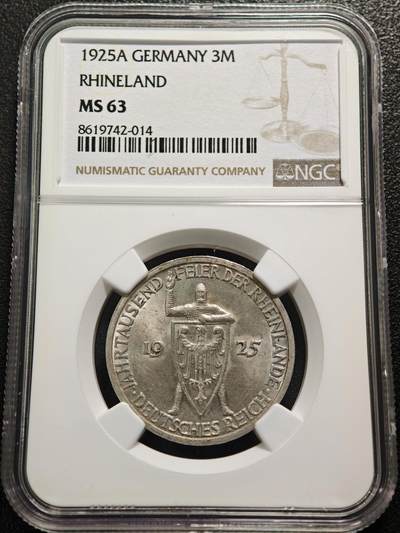 【德藏】世界币章拍卖第154期（拍品征集中~欢迎藏友联系） - 1925年 德国魏玛共和国莱茵千年3马克银币 NGC MS63 原光好品好状态 转光十足