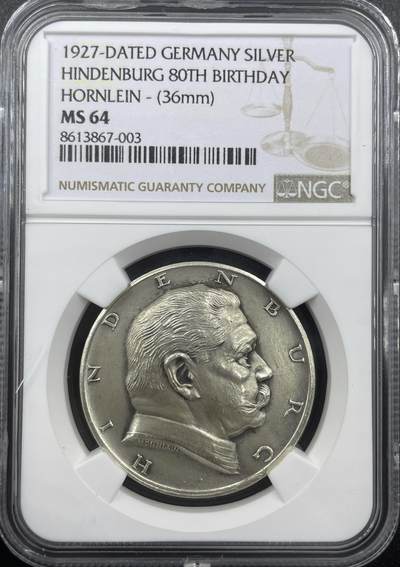 「木头集藏」章牌精品专场！ - 1927年德国魏玛共和国兴登堡总统80大寿纪念银章，MS 64，品相很好！