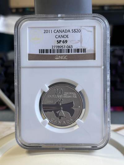 第183期拍卖 - 获奖银币加拿大 2011年 “20换20系列”独木舟纪念银币 NGC-SP69,7.96克，9999银，克劳斯年度最佳银币