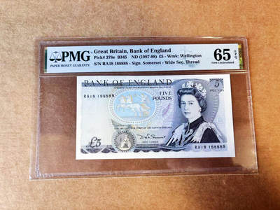 【Blue Auction】世界纸币精拍第755期——18级TOP拍卖/信誉/品质/专业/高效💫 - 【倒置号 近全同8 老虎8】英国 D序列 1987-88年5镑 PMG65EPQ 