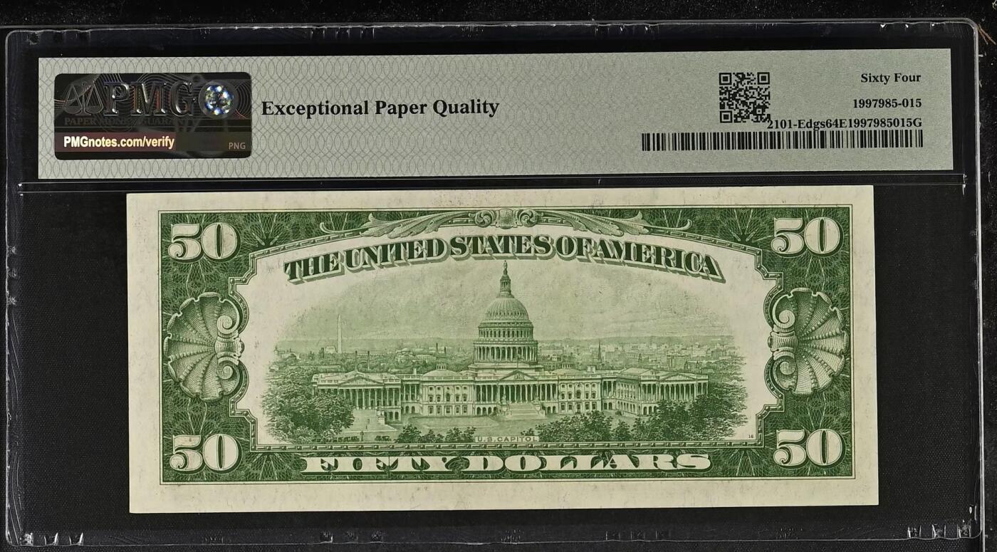 《外钞收藏家》第五百八十八期（优质场）（本平台长期征集拍品、欢迎藏友们联系合作） 1928年 50美元 稀少A年份号码 字母分区首发 稀少E区A冠 PMG64EPQ