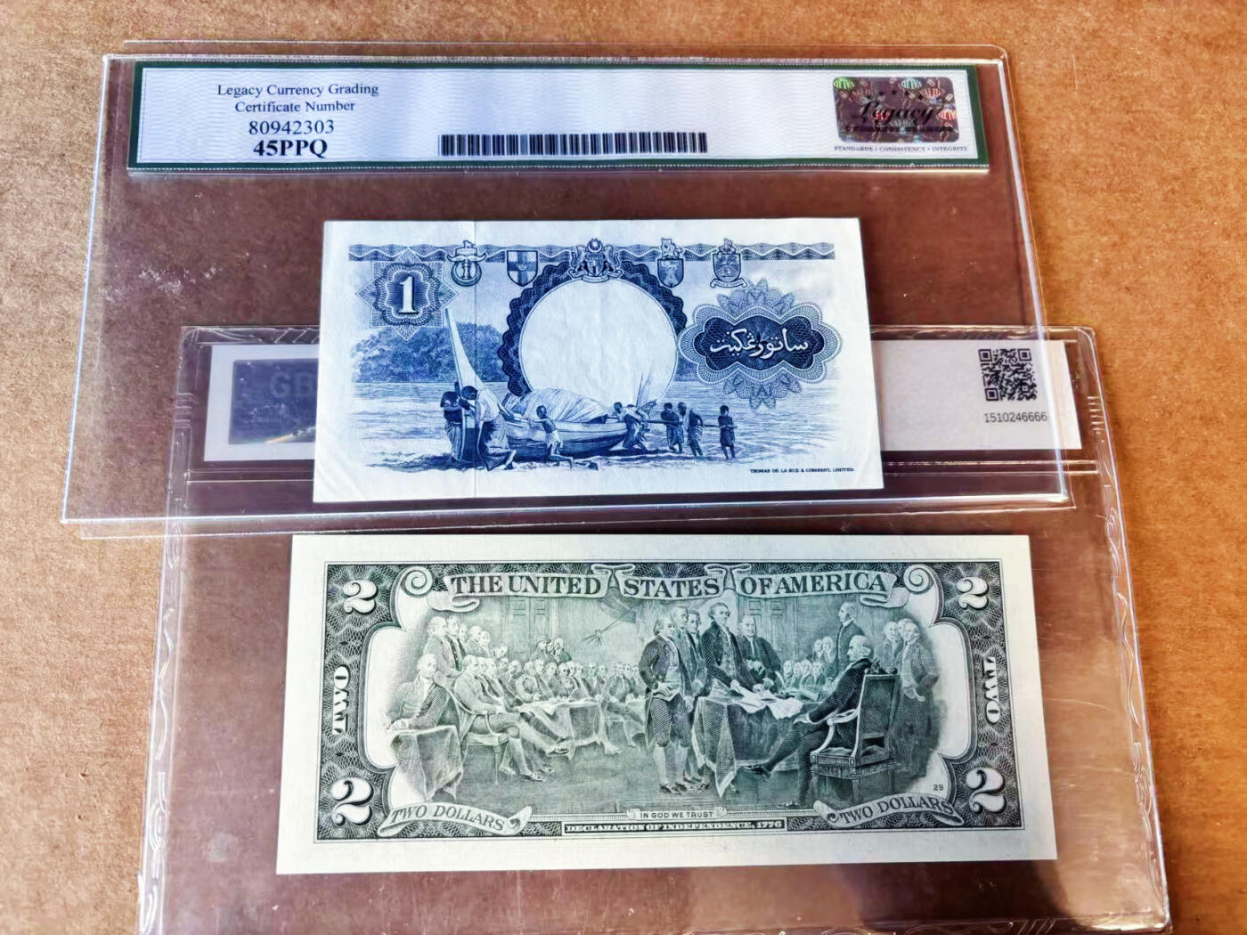 【Blue Auction】世界纸币精拍第755期——18级TOP拍卖/信誉/品质/专业/高效💫 【一组2张】马来亚和英属婆罗洲 1959年1元 LCG45EPQ&美国 2003年2美金 彩版 国评