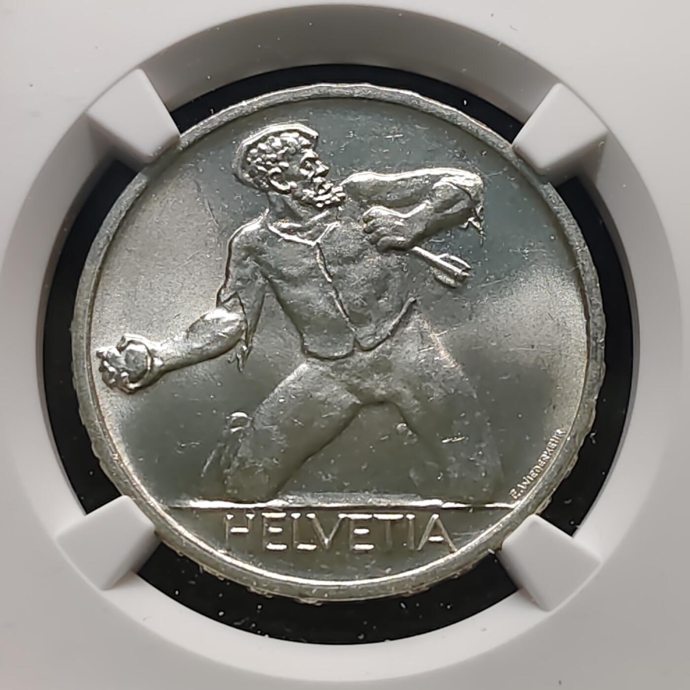 【全场包邮】纯粹捡漏拍481场（免费代拍第18场） 瑞士1944年5法郎比尔河畔圣雅各布战役500周年纪念银币-NGC MS66